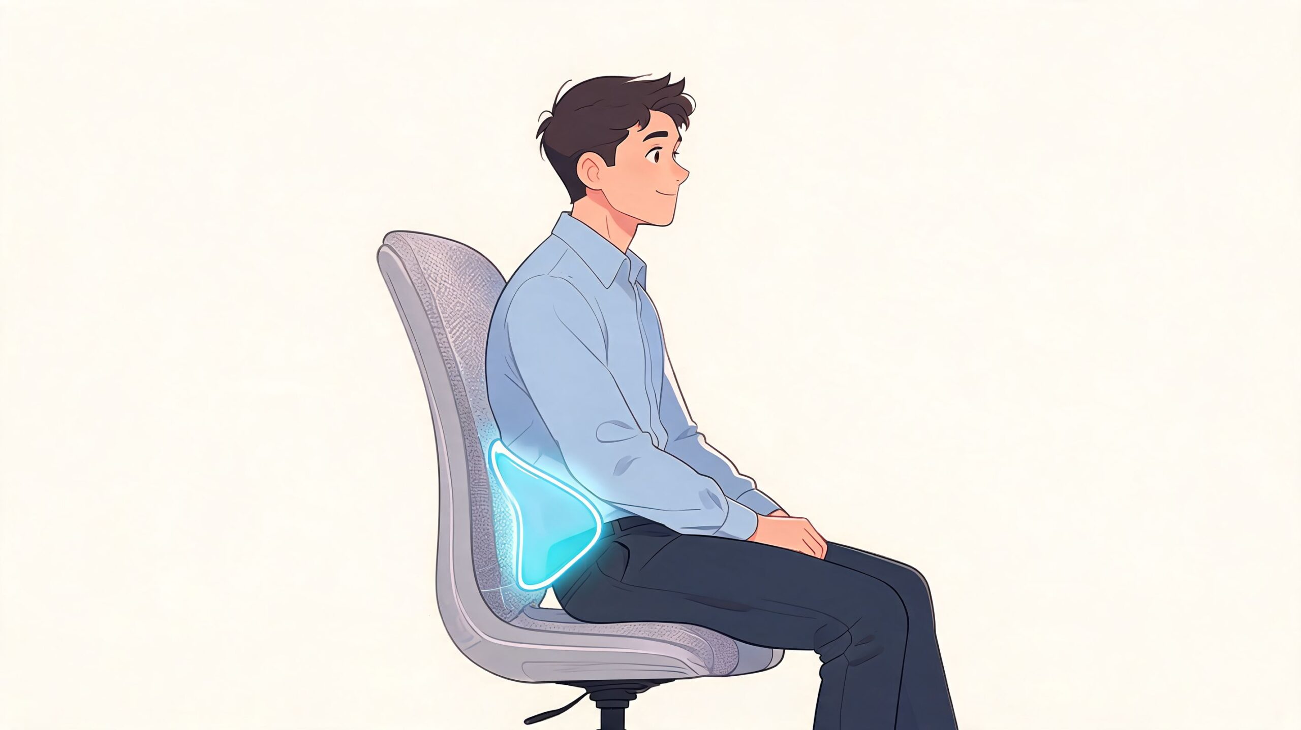 A man in a button-down shirt sitting upright on an office chair with lumbar support highlighted.