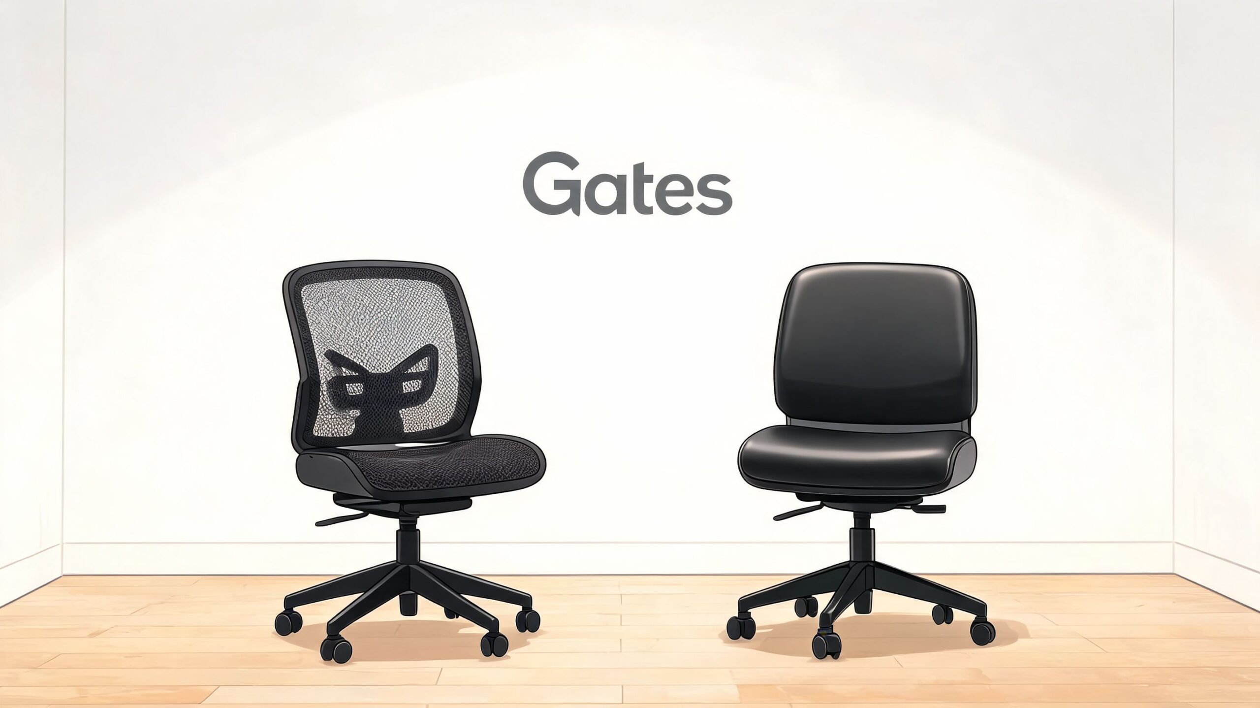 Two black office chairs without armrests displayed side by side against a clean white wall background.