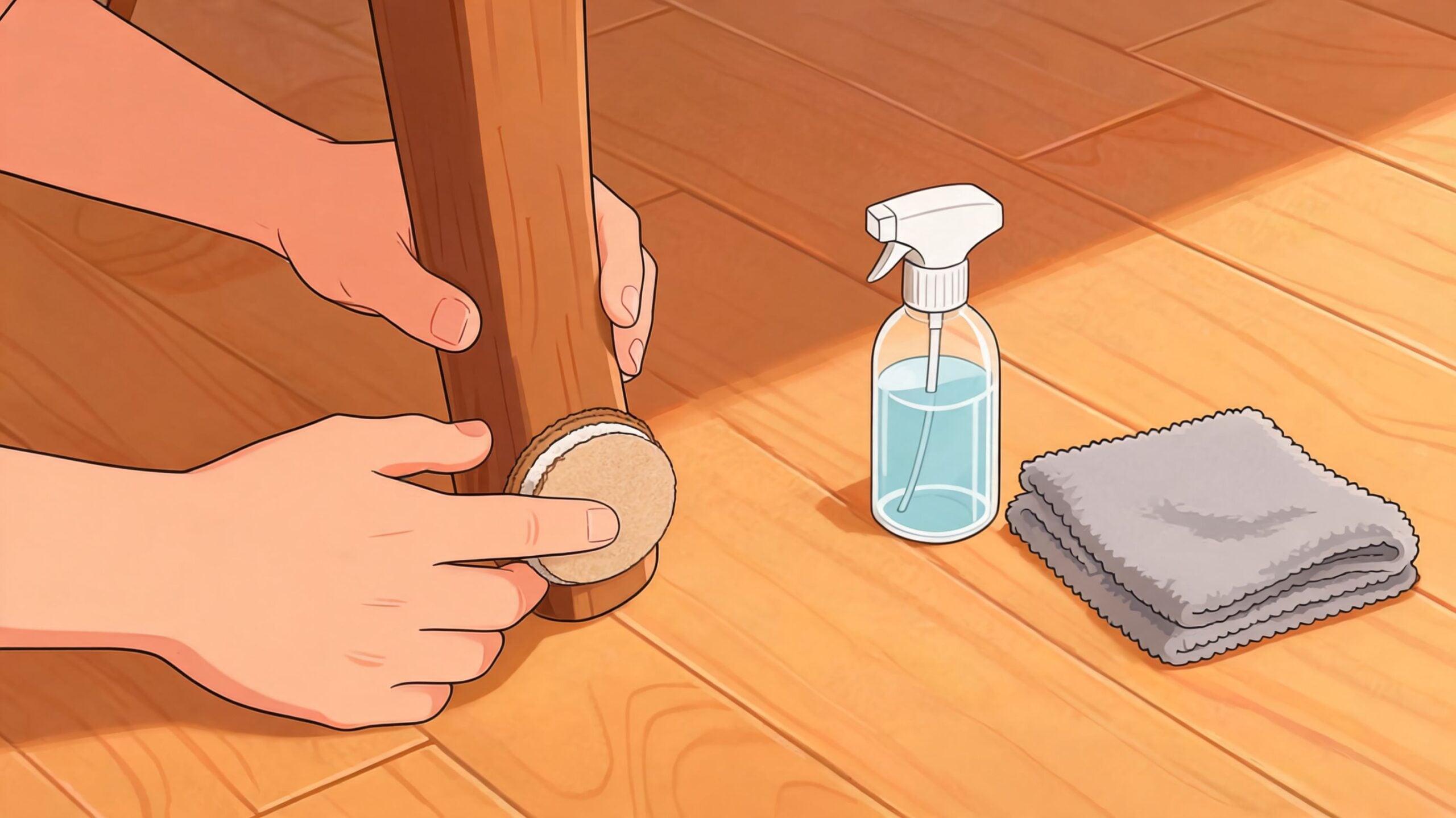 A person applying a protective felt furniture pad to the bottom of a wooden chair leg on flooring.