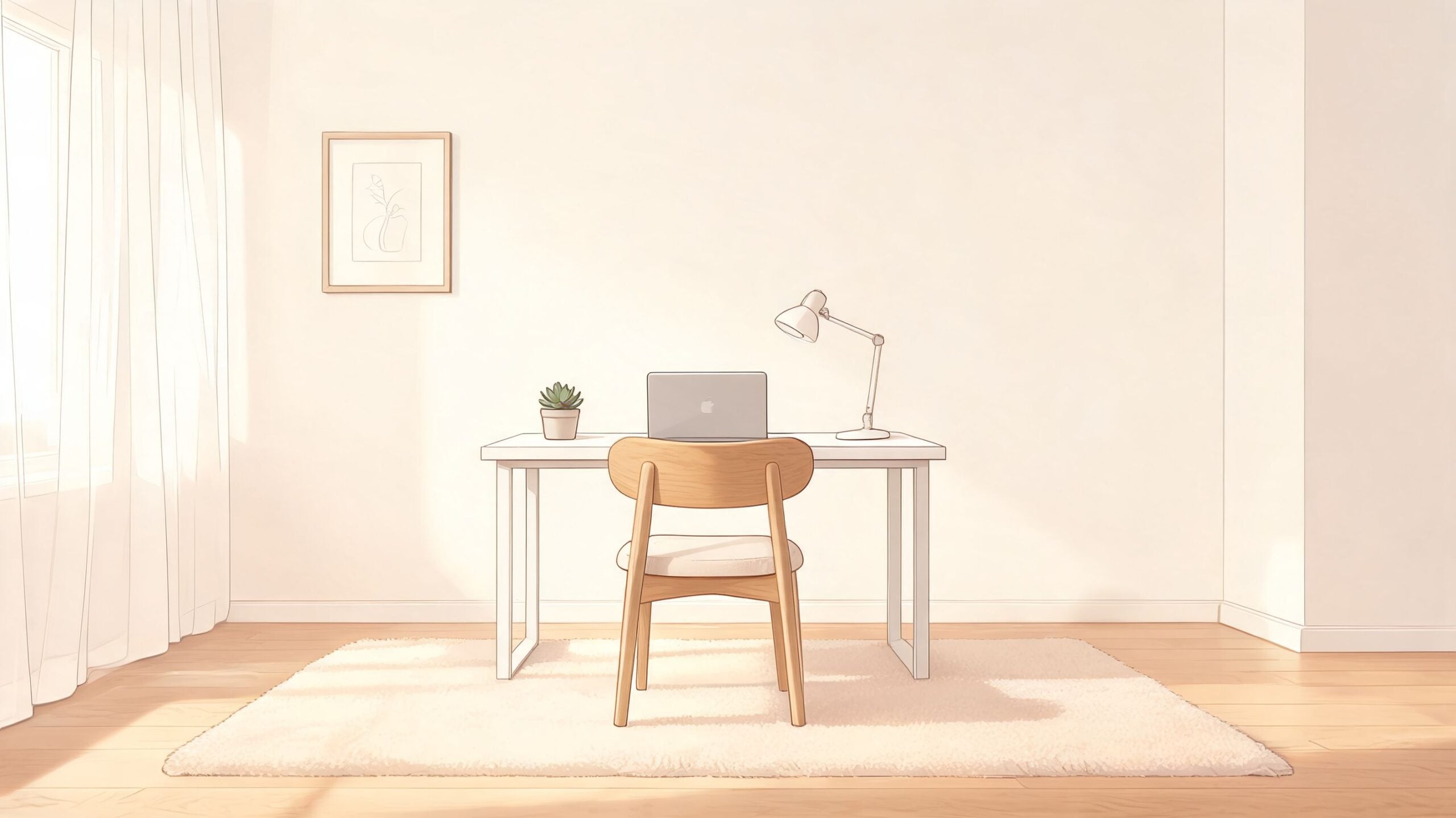 A minimalist home office workspace featuring a wooden chair without wheels, a desk, laptop, and desk lamp.