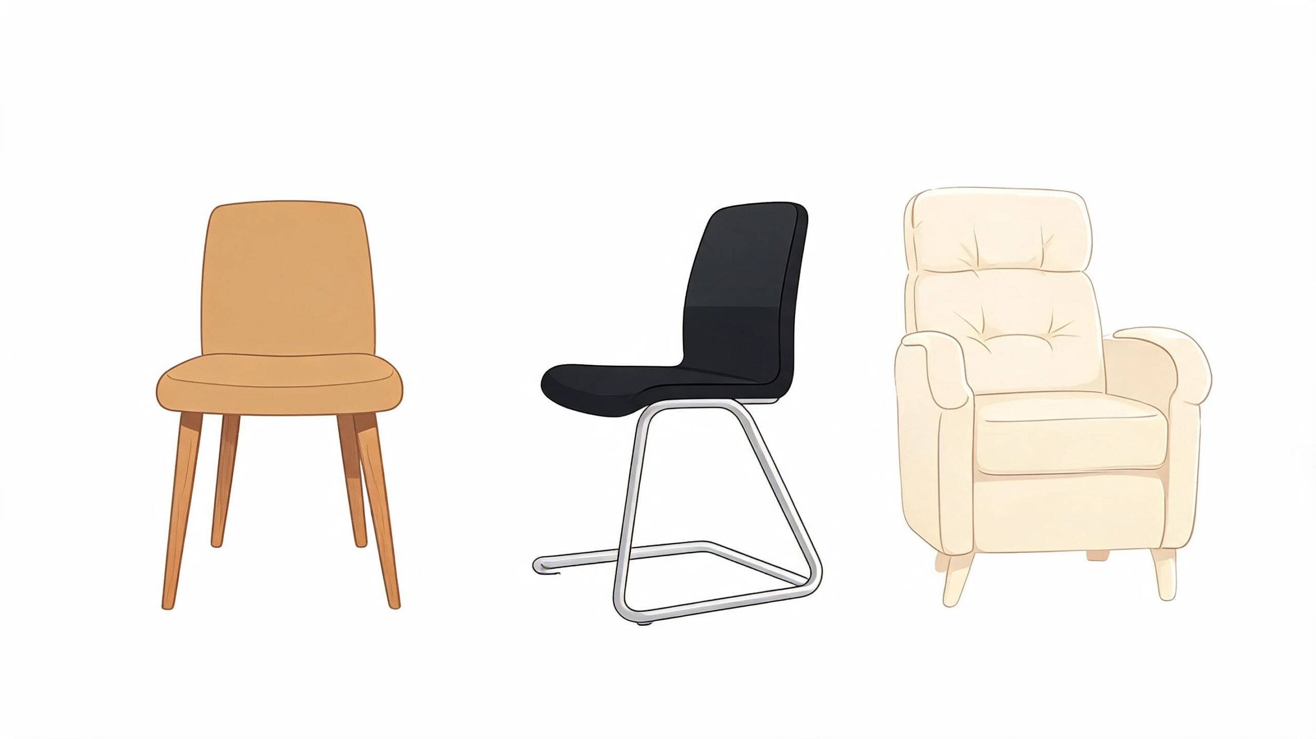 Three different styles of modern chairs including a wooden leg chair, a sleek black chair, and an armchair.