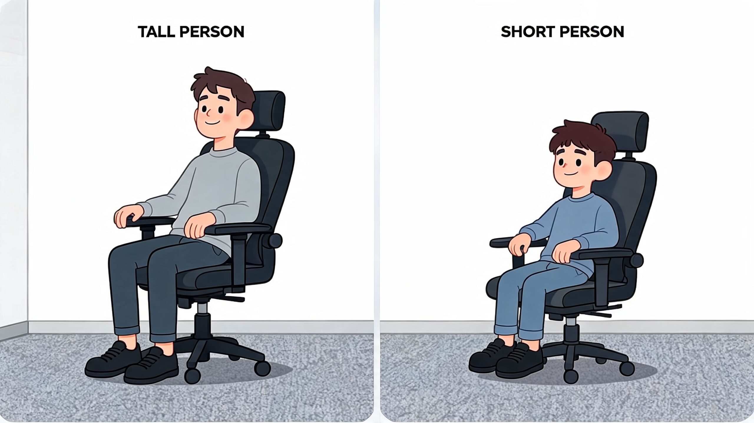 A split image illustration comparing the fit of an ergonomic office chair for tall and short individuals.