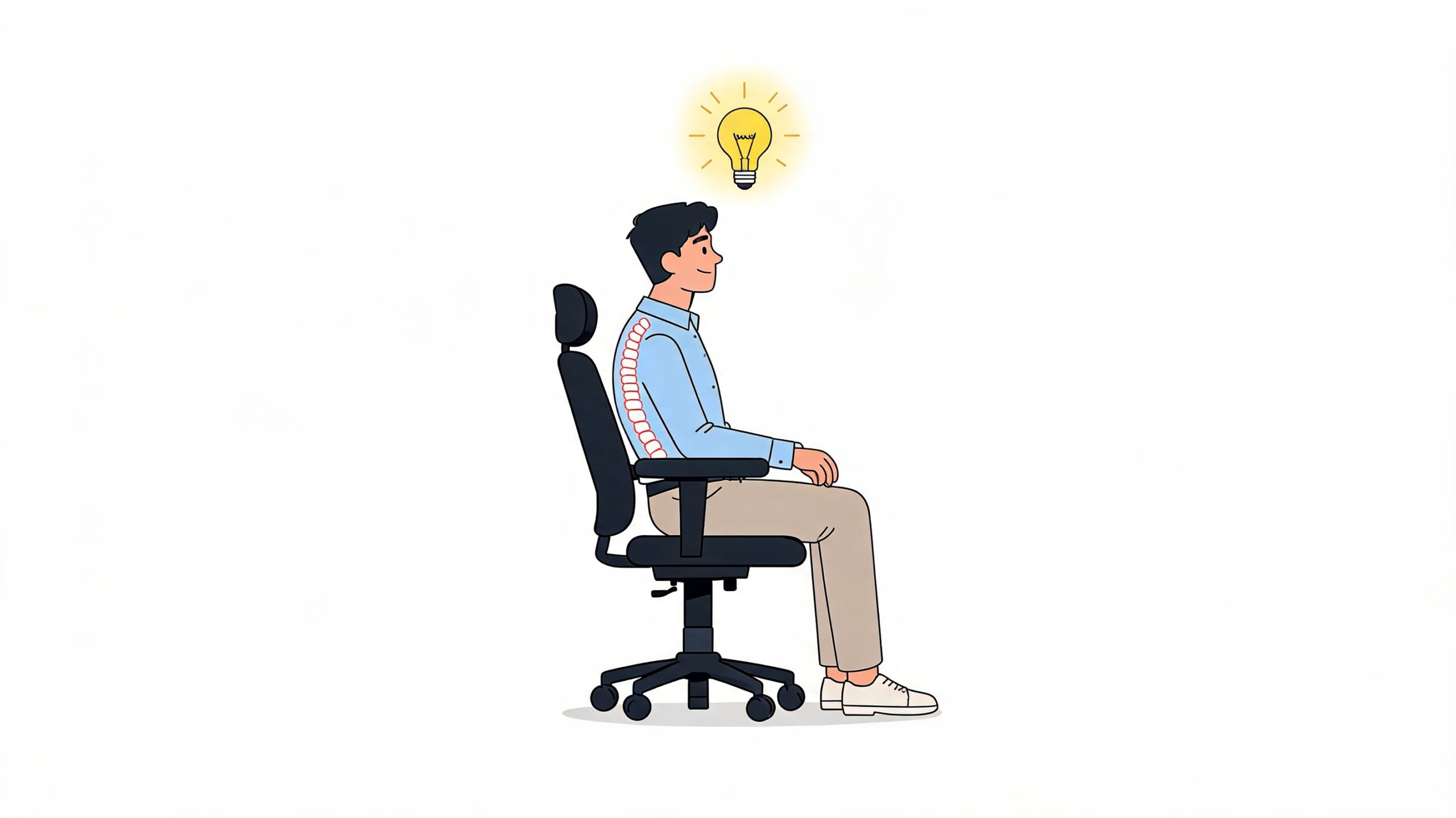 A man sitting correctly with good posture in an ergonomic office chair with wheels.