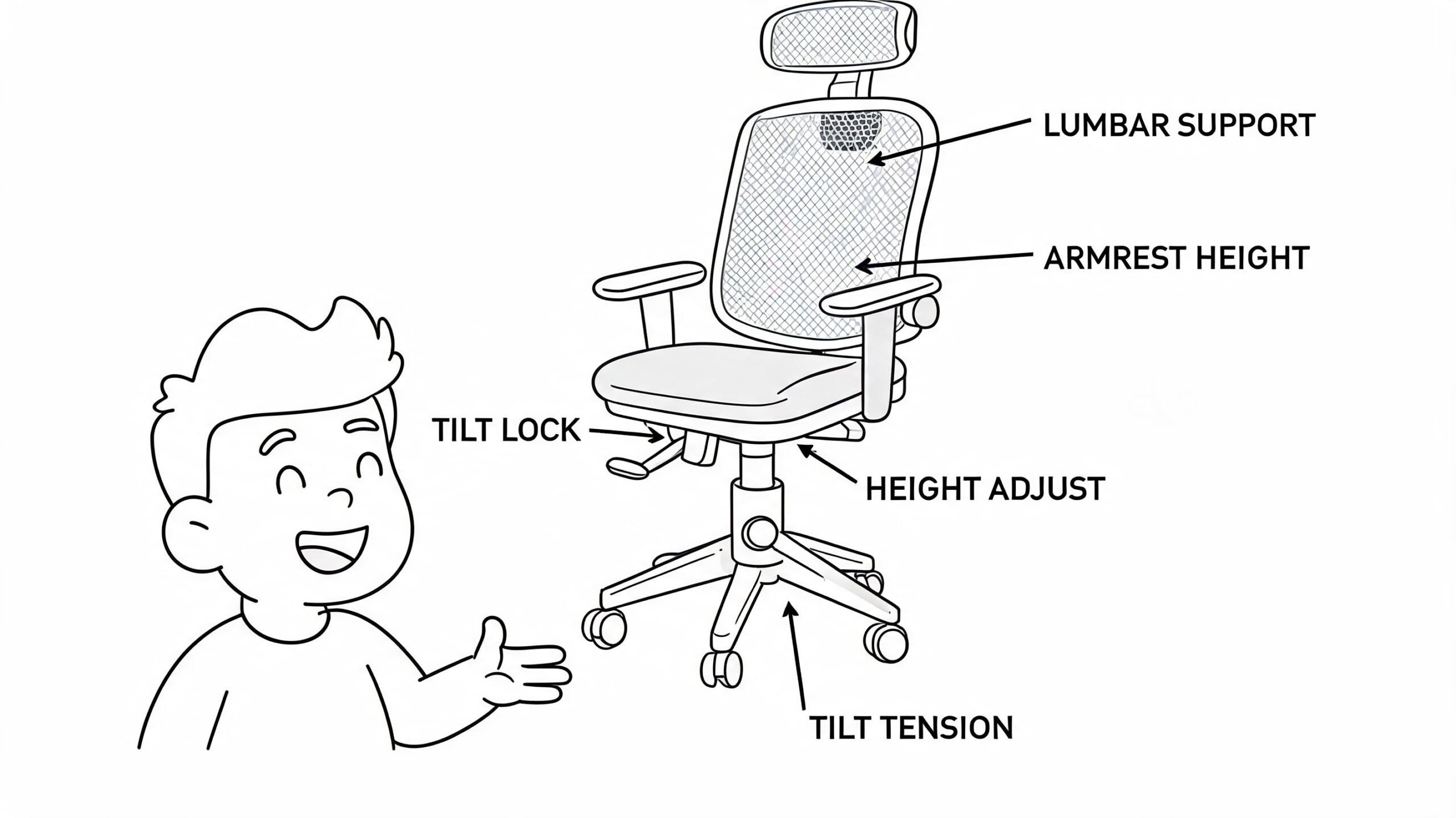 A line drawing illustration of an ergonomic office chair with labels pointing to its adjustable features.