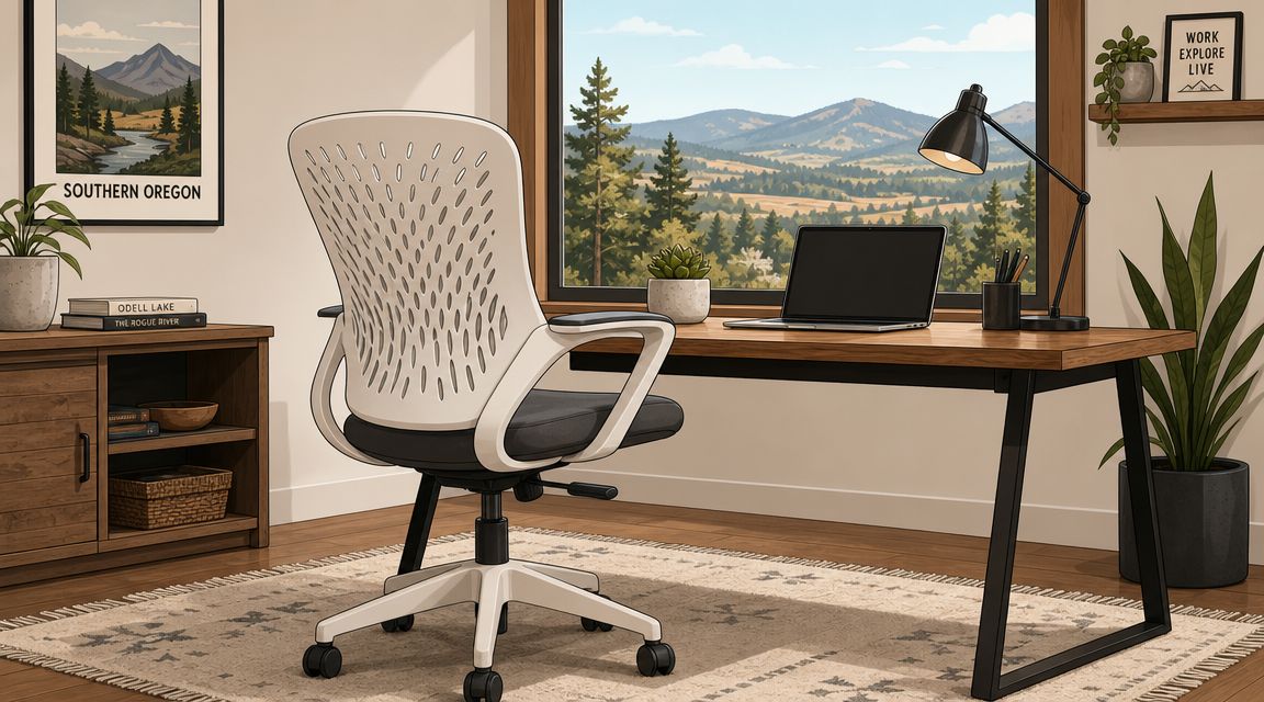 A modern home office setup featuring a white ergonomic plastic chair in front of a wooden desk.