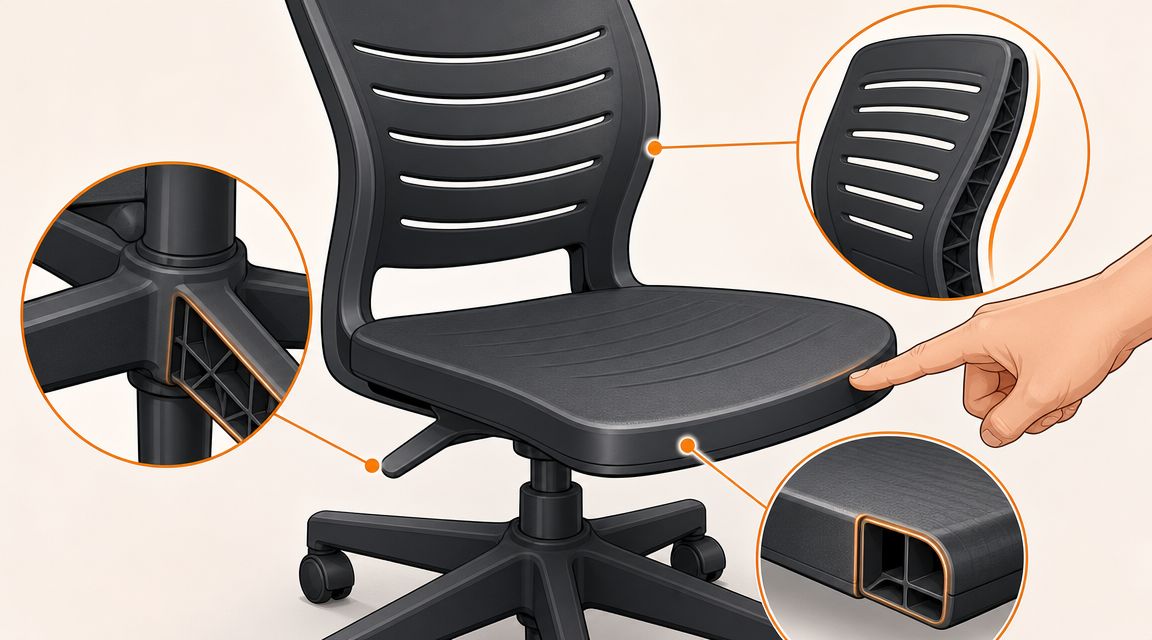 A diagram of a black ergonomic office chair highlighting its structural reinforced plastic design details.