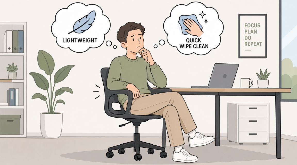 A man sitting on a black ergonomic office chair thinking about its lightweight design and easy maintenance.