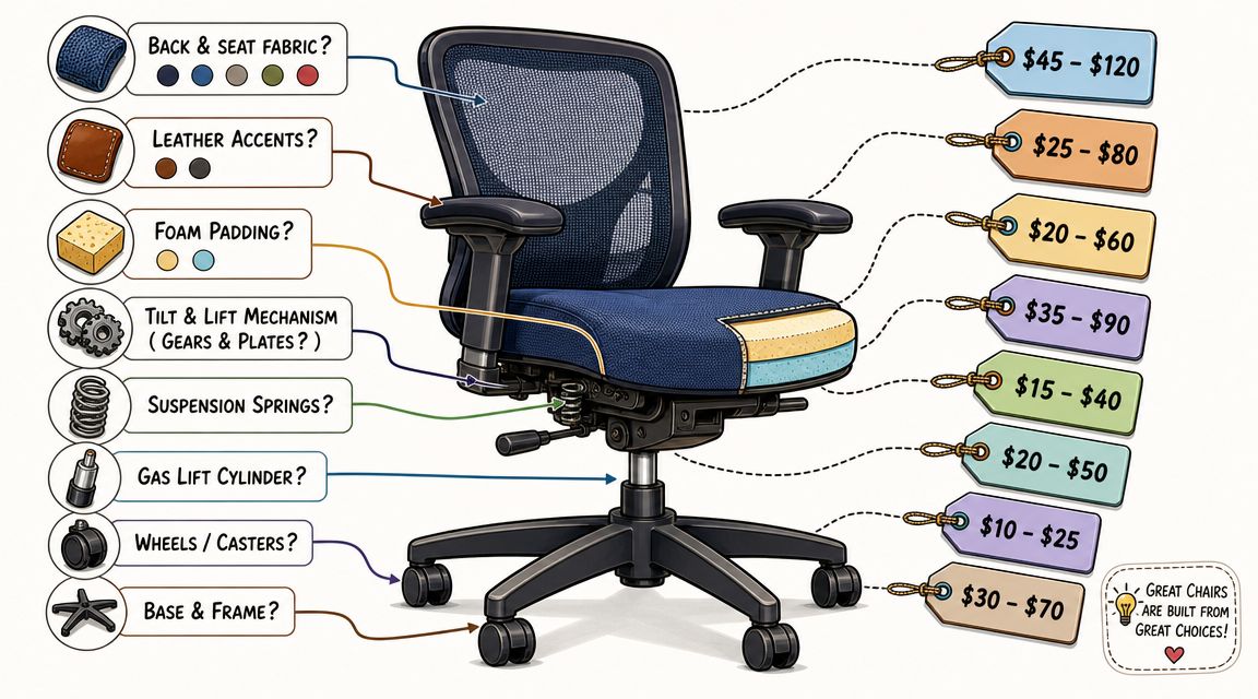 A detailed infographic showing the cost breakdown for various components used to build an office chair.