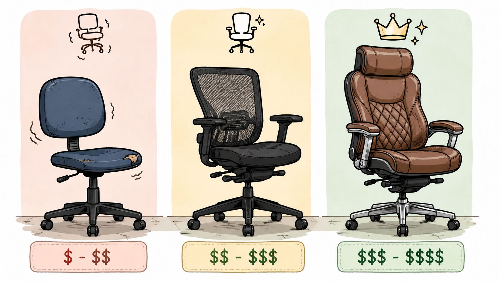 A comparison of three different office chairs ranging from a worn-out budget model to a luxurious leather executive chair.