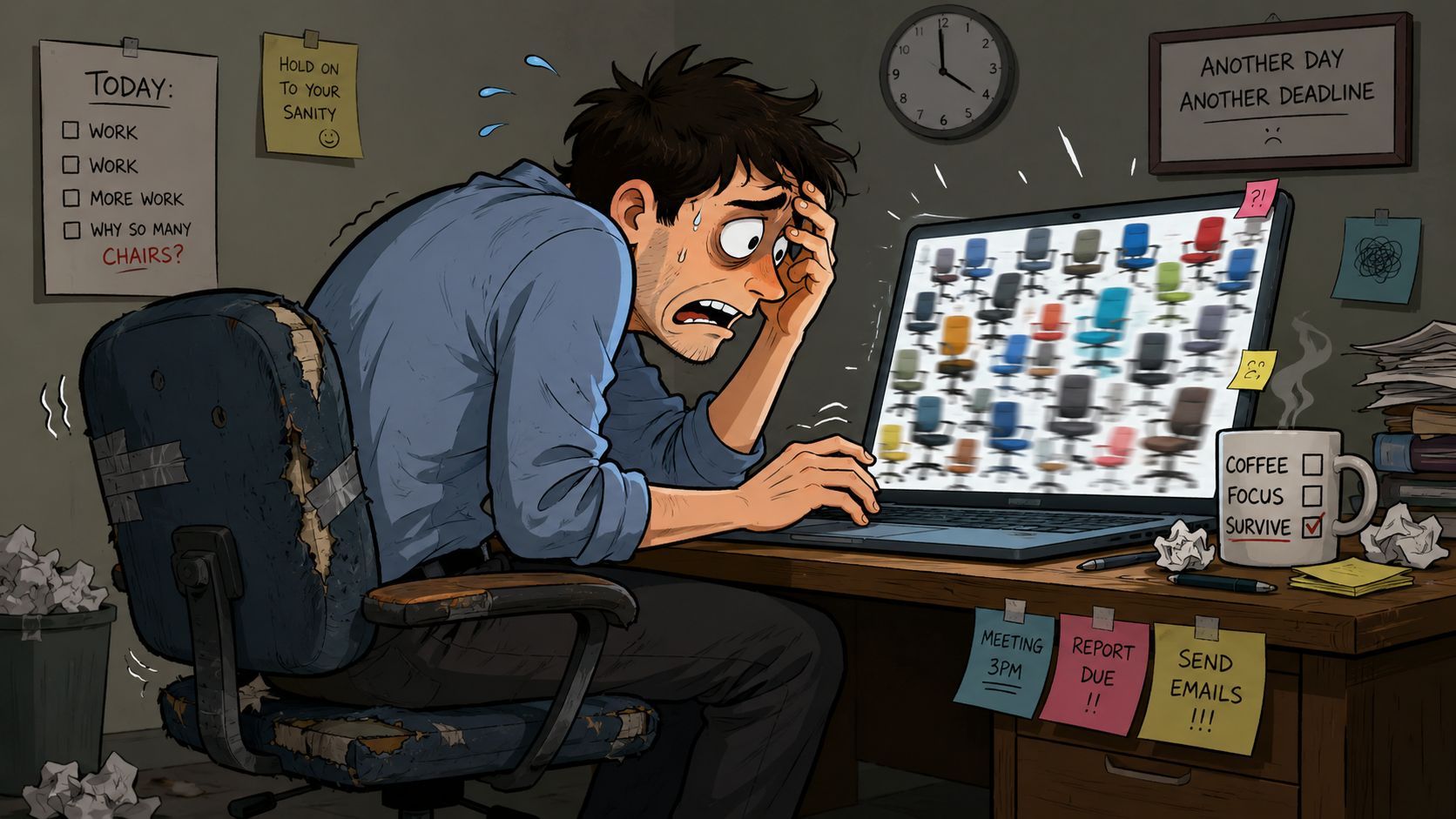 A stressed worker overwhelmed by many office chairs displayed on their laptop screen at an office desk.