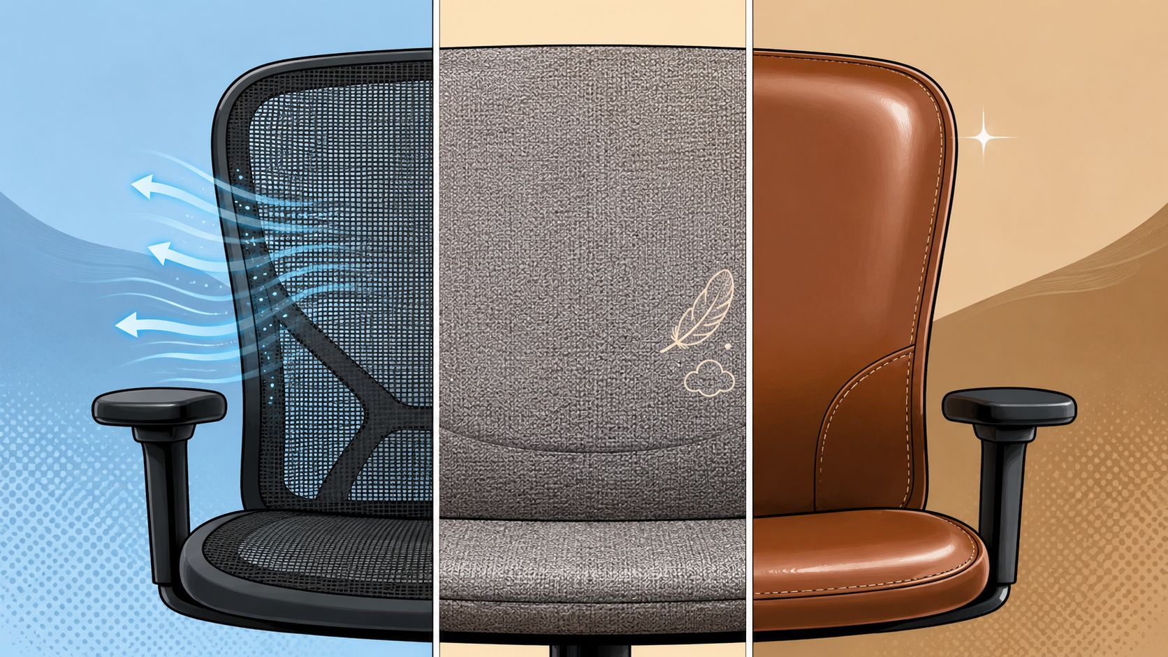 Three different types of office chair materials showcasing mesh, fabric, and leather seat textures and qualities.