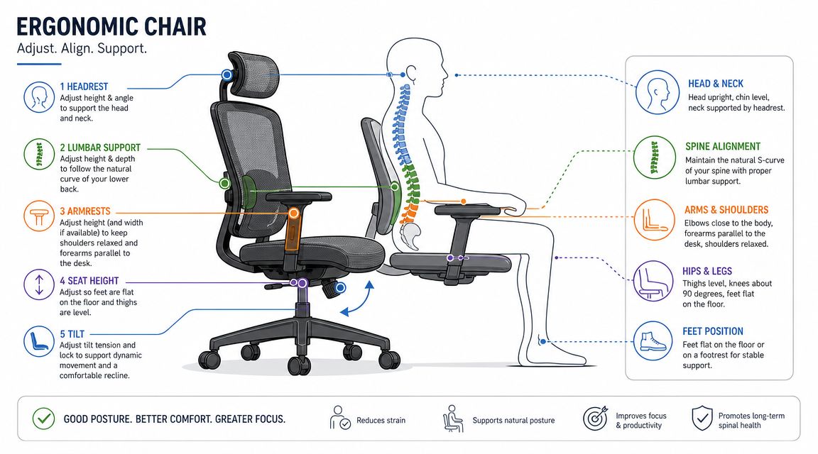 An infographic illustrating the key ergonomic features and proper sitting posture for an adjustable office chair.
