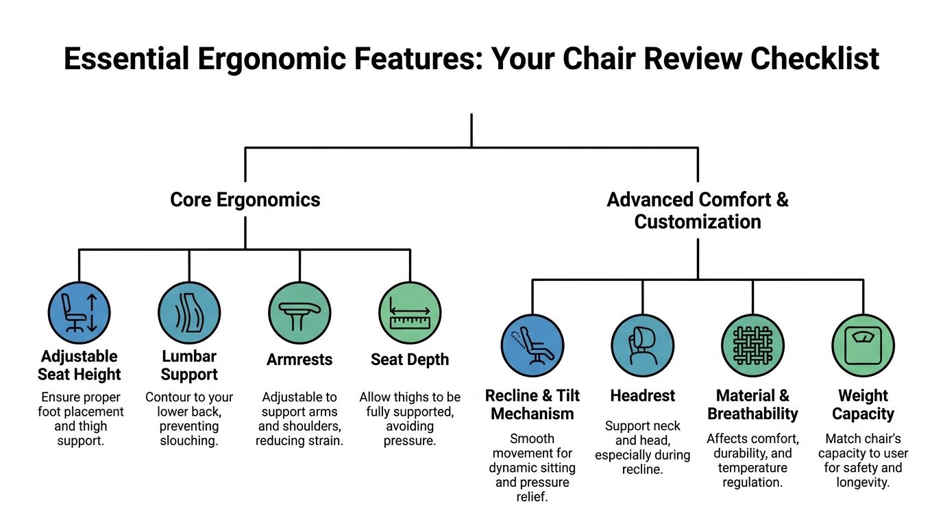 A diagram titled Essential Ergonomic Features listing key components like seat height, lumbar support, and weight capacity.
