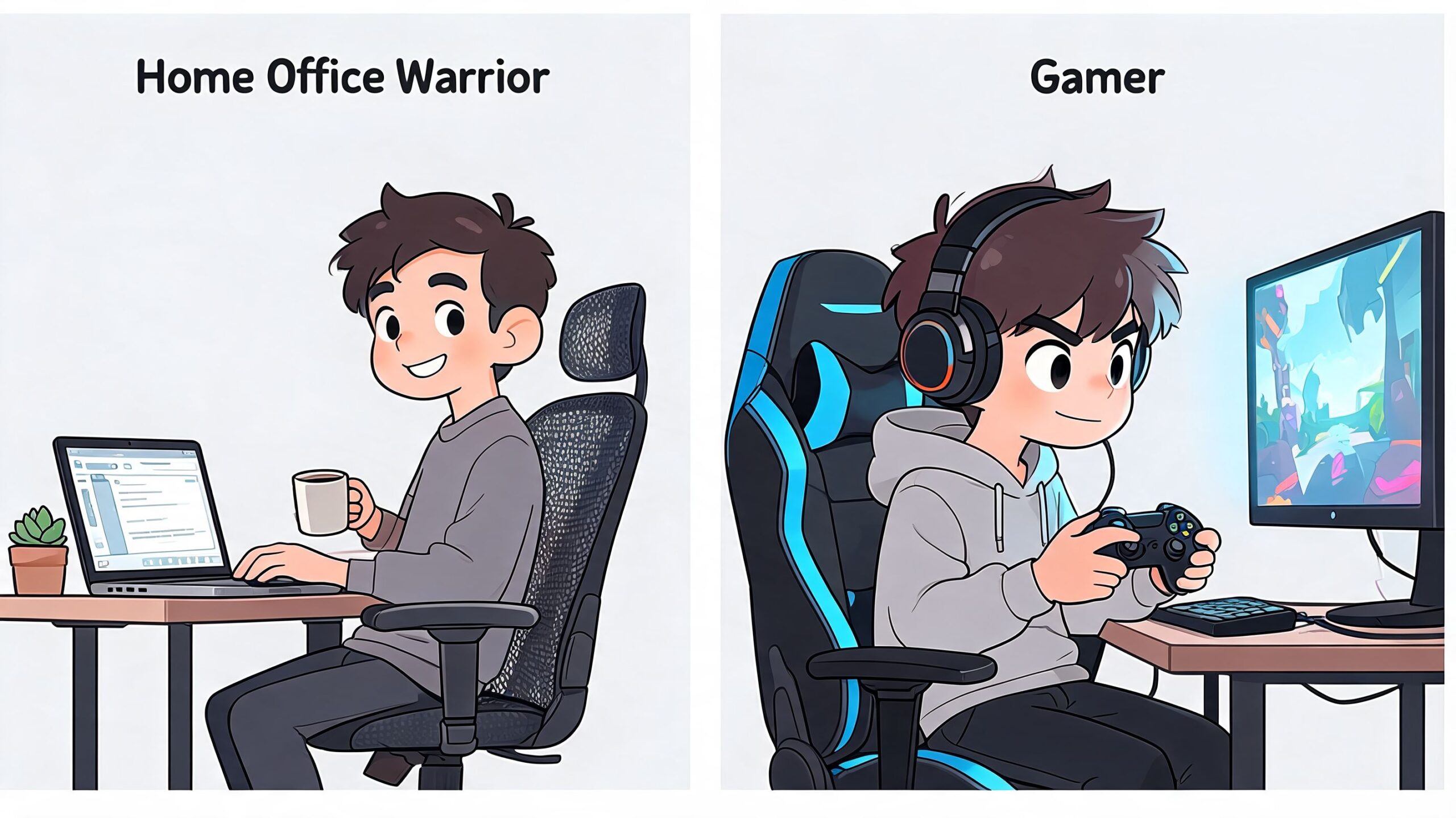 A split image comparing a happy person working in a home office and a focused gamer playing.