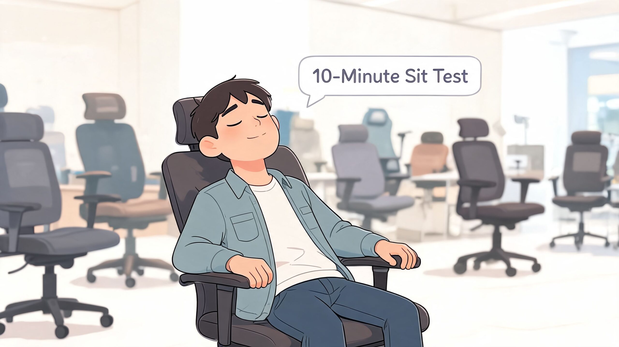 A young man sitting comfortably in an ergonomic office chair for a 10-minute sit test trial.