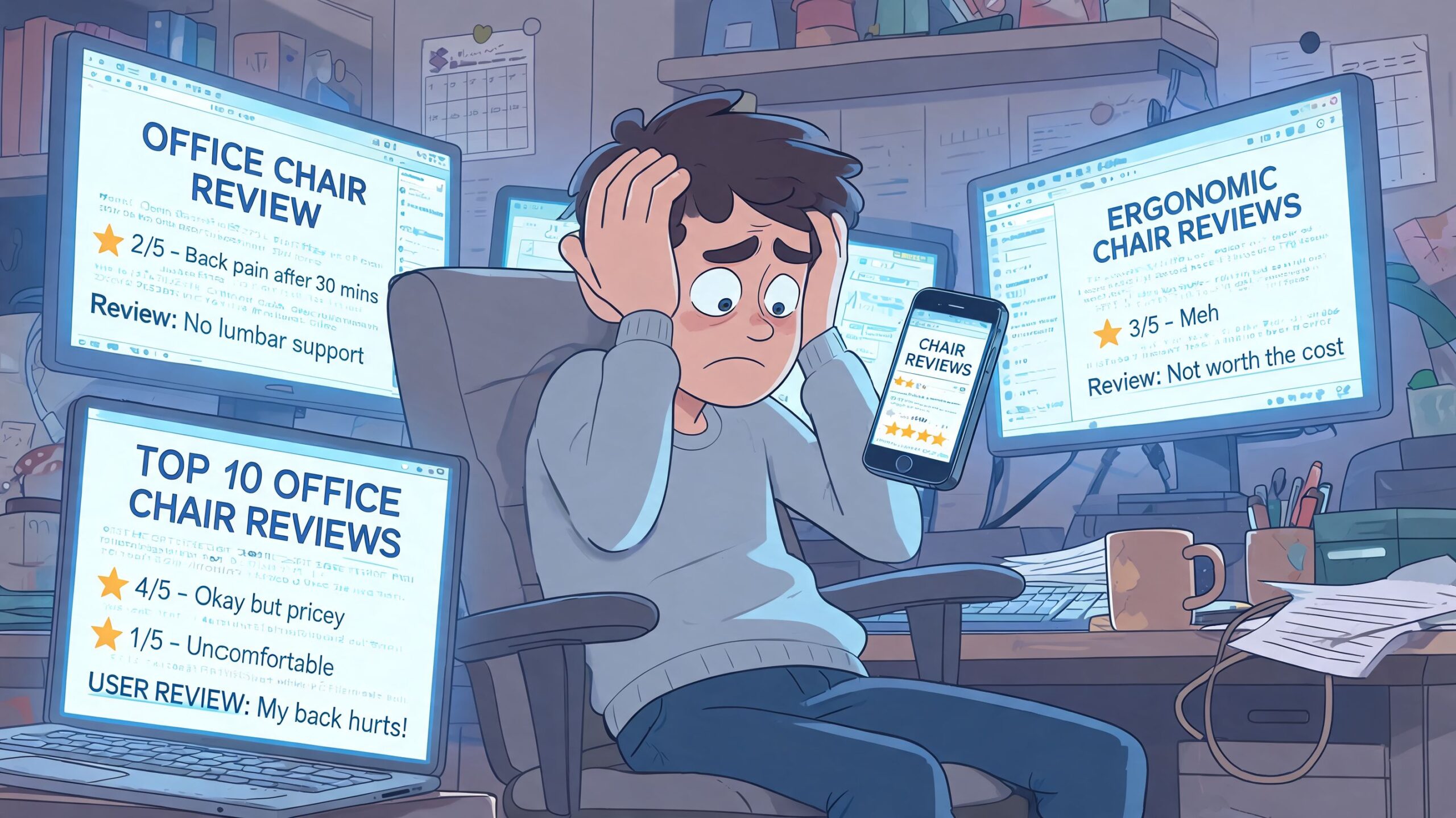 A stressed person sitting at a desk surrounded by multiple computer screens displaying negative chair reviews.