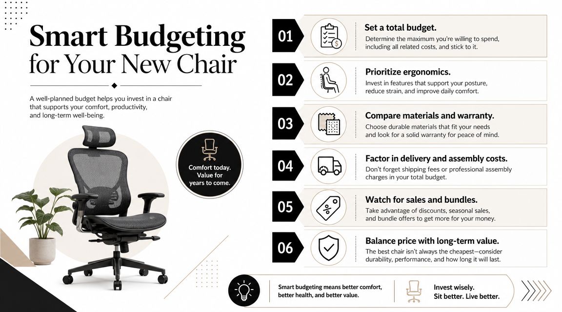 An infographic titled Smart Budgeting for Your New Chair, offering six tips for purchasing ergonomic office furniture.