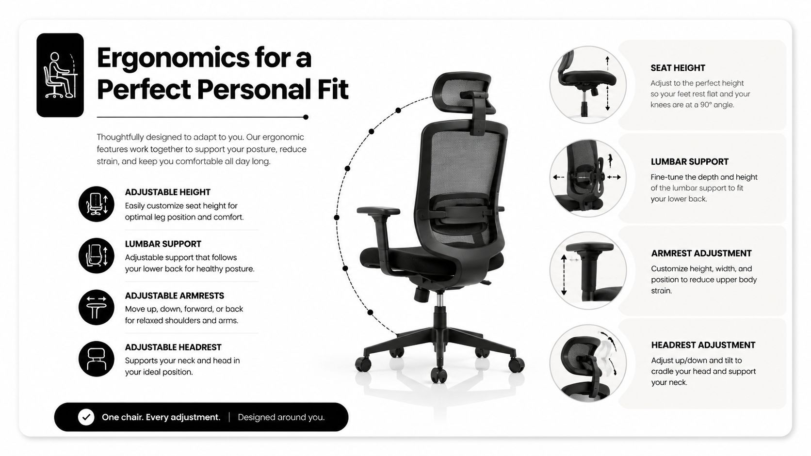 A modern black ergonomic office chair with detailed highlights of its adjustable height, lumbar support, armrests, and headrest.