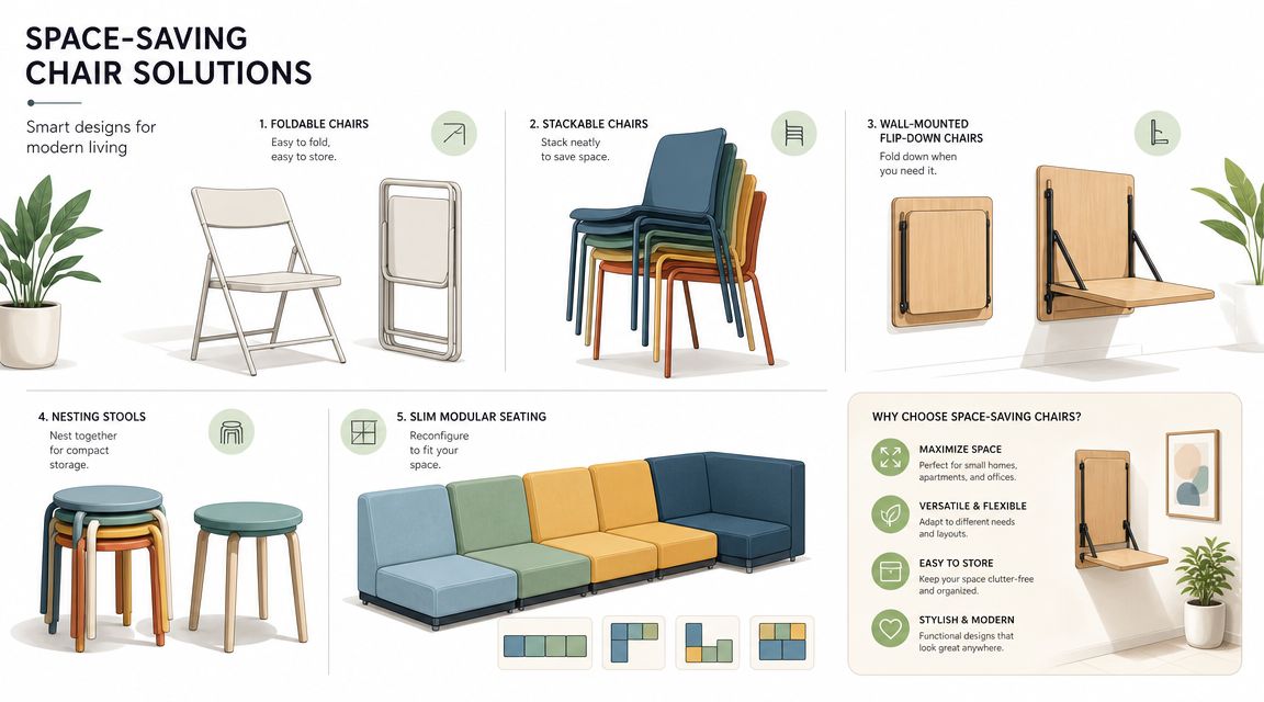A visual guide illustrating five different types of space-saving chair solutions for small living areas and offices.