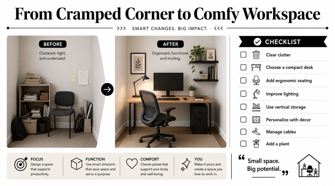 A comparison showing a cluttered corner workspace transformed into a clean, organized, and ergonomic home office.