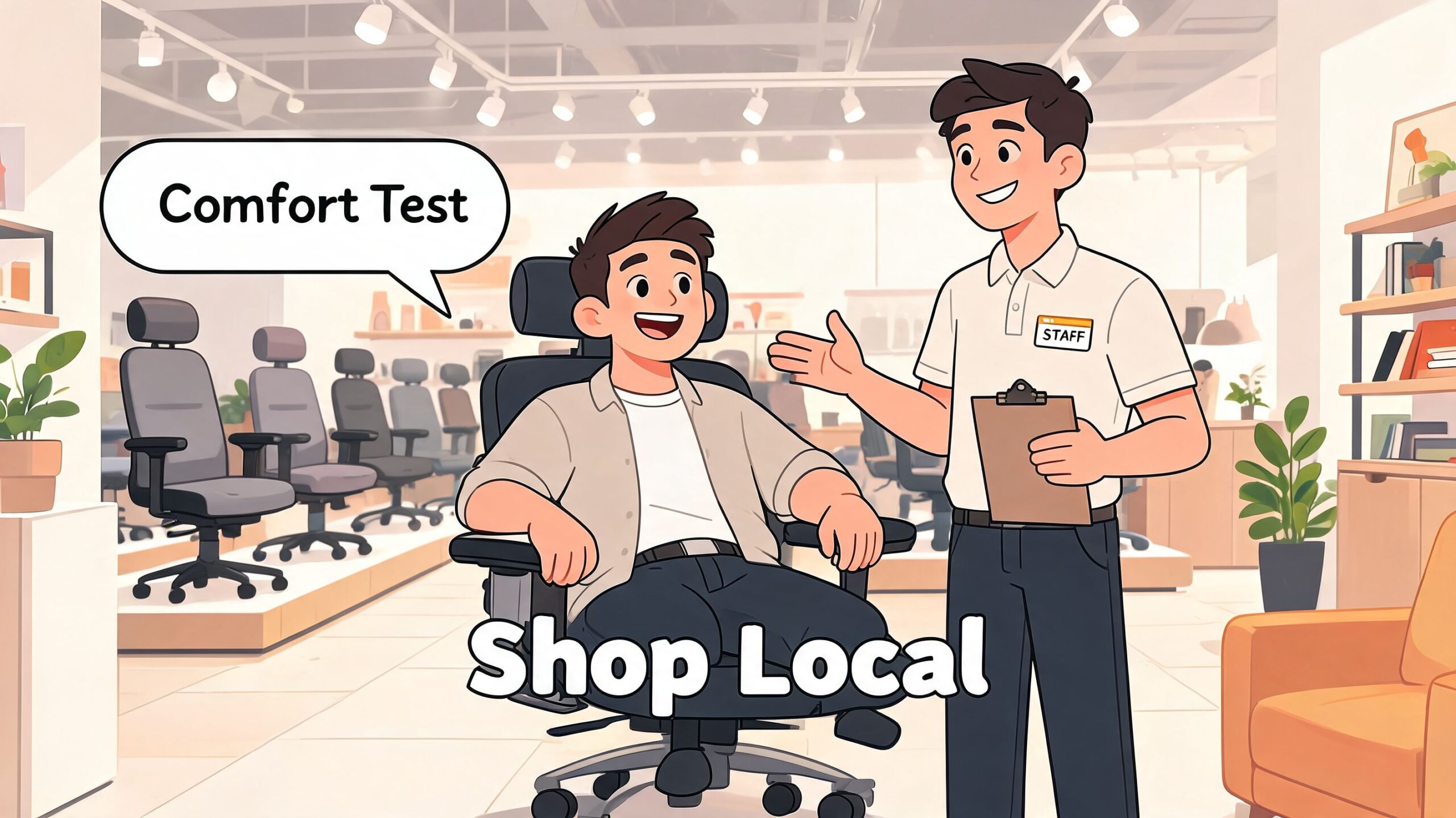 A friendly store staff member assists a customer testing a comfortable office chair with wheels in store.