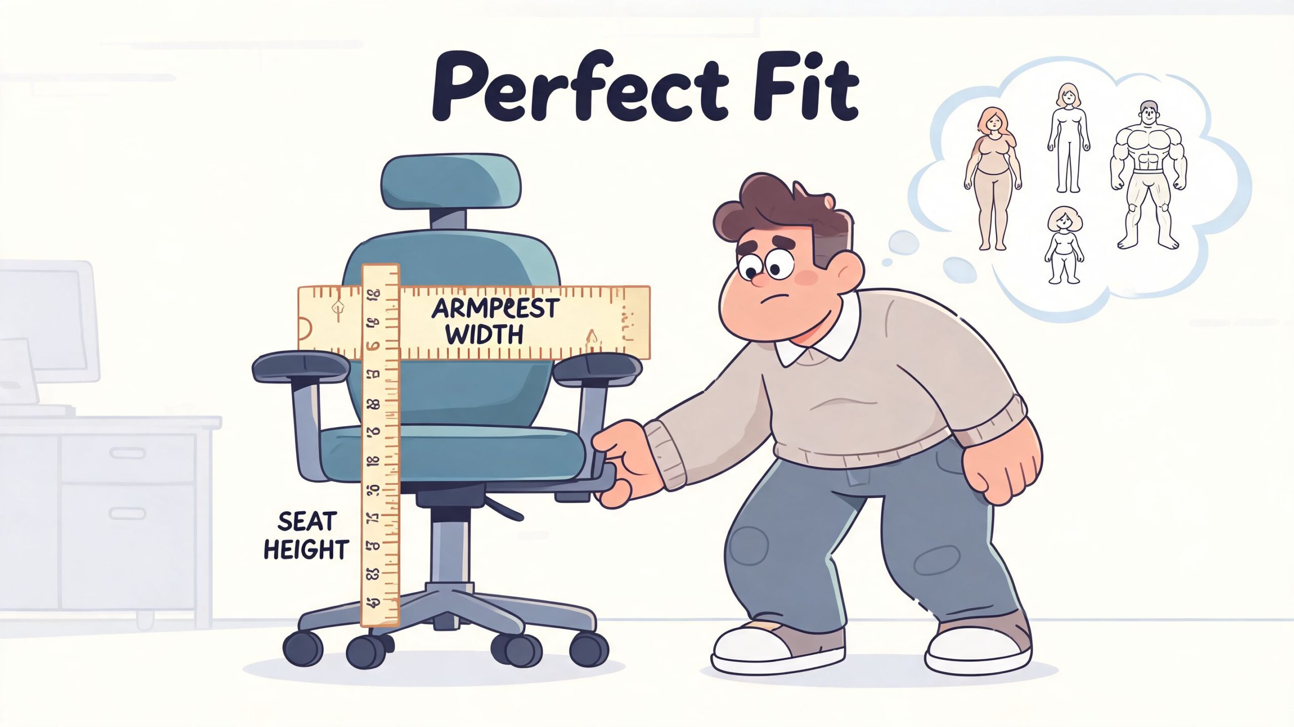 A cartoon man measuring an office chair with a ruler to ensure a perfect fit for everyone.