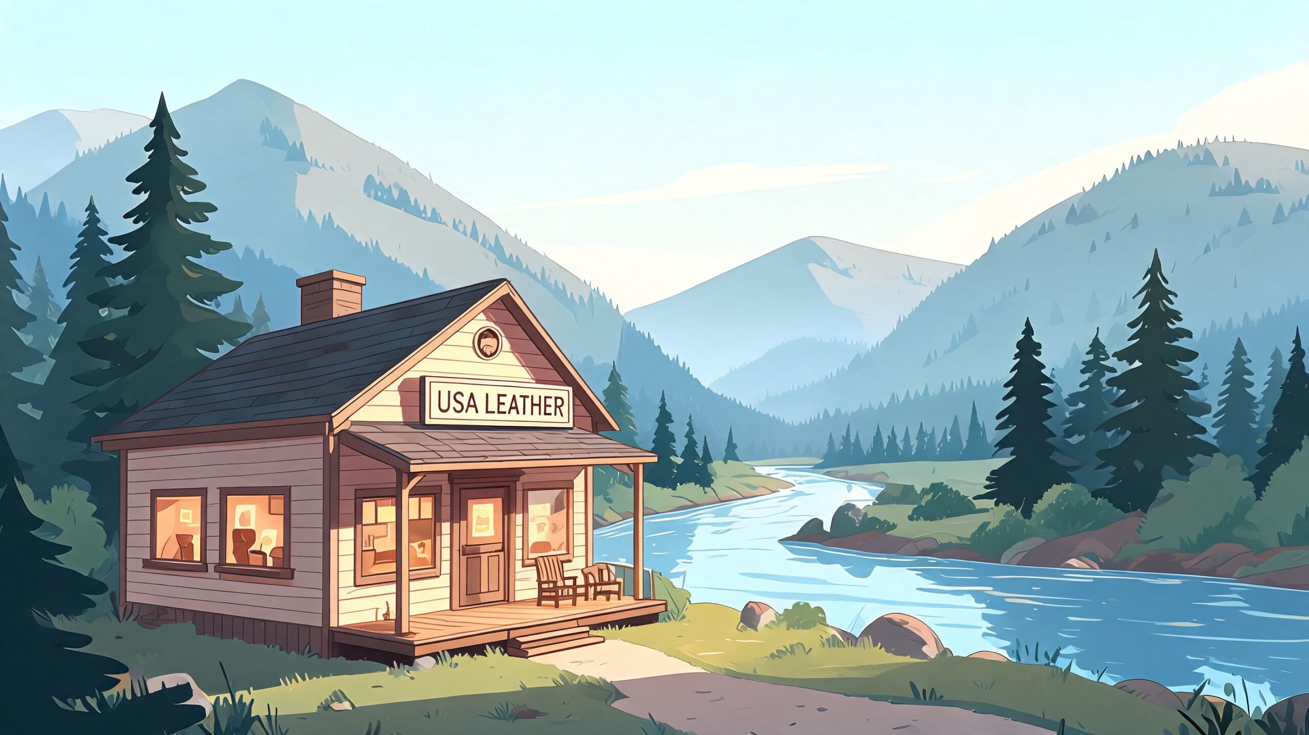 A cozy wooden cabin named USA Leather nestled in a scenic valley with a flowing river nearby.