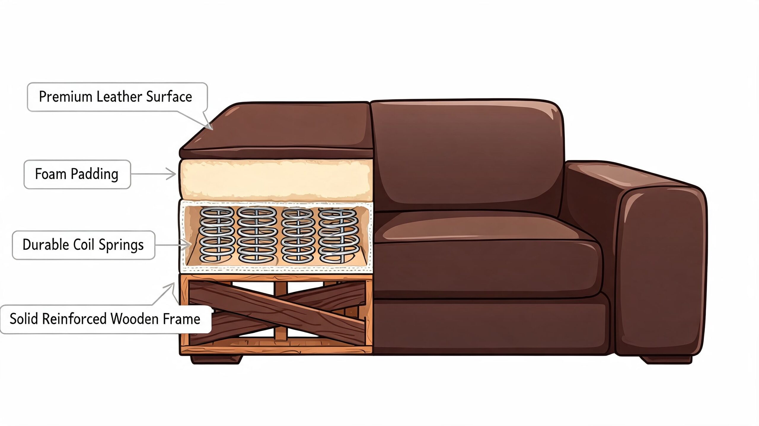 A cutaway view of a brown leather sofa showing its internal structure including springs and wooden frame.