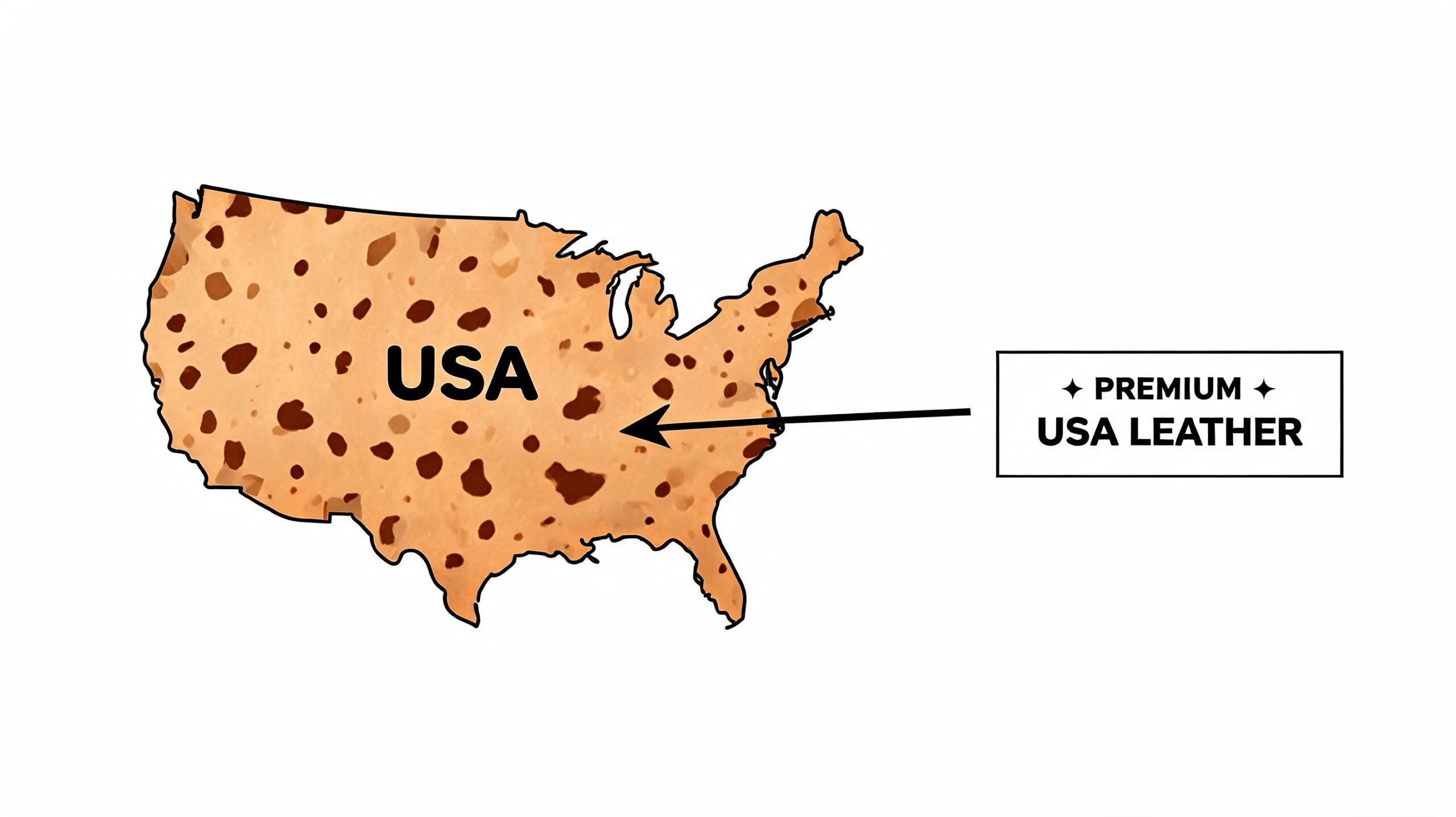 A map of the United States stylized with a leather texture indicating premium USA leather material.