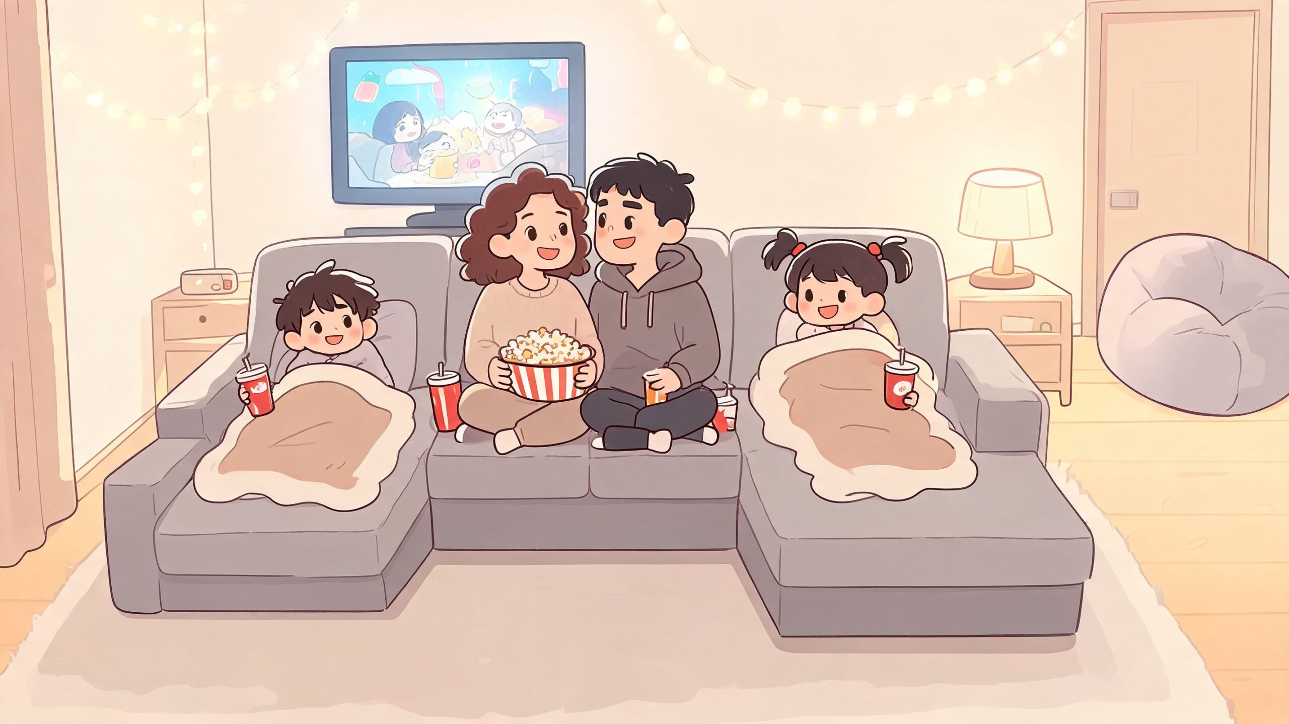 A happy family sits together on a cozy gray sectional sofa watching a movie with popcorn.