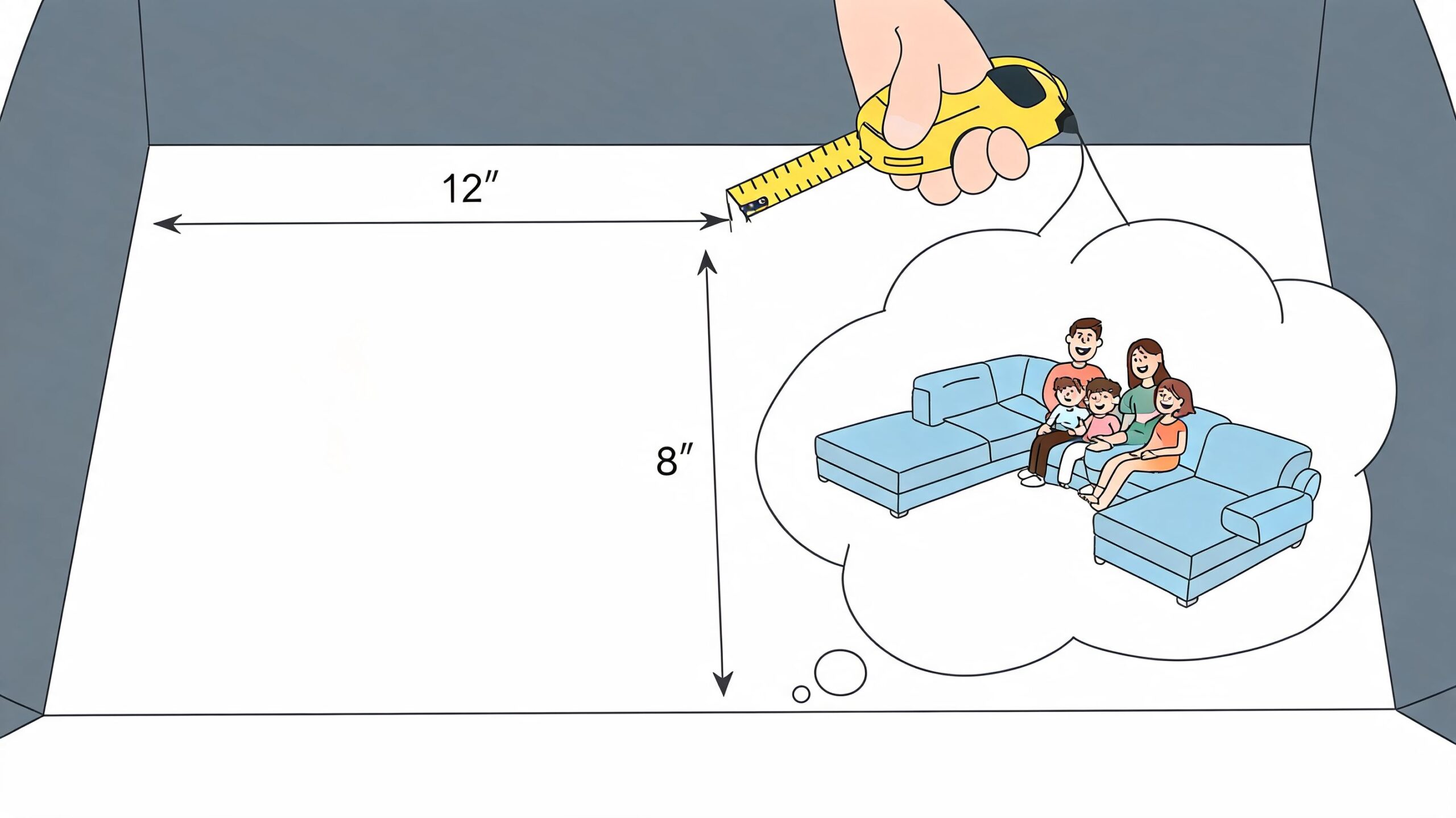 A hand measures a space on the floor with a tape measure, imagining a large sectional sofa.