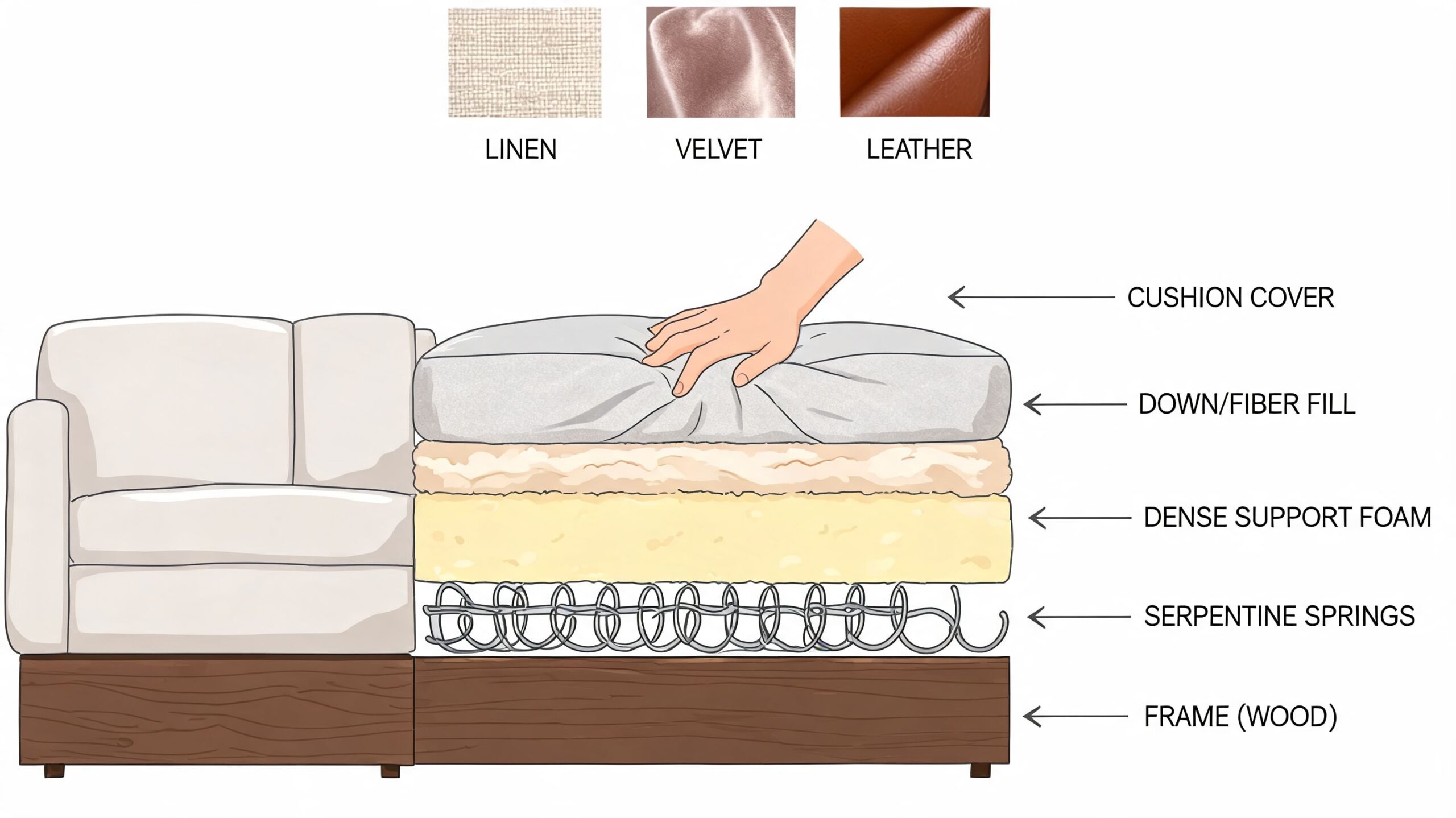 A cross-section illustration showing the interior layers of a sofa, including springs, foam, and cushion fill.
