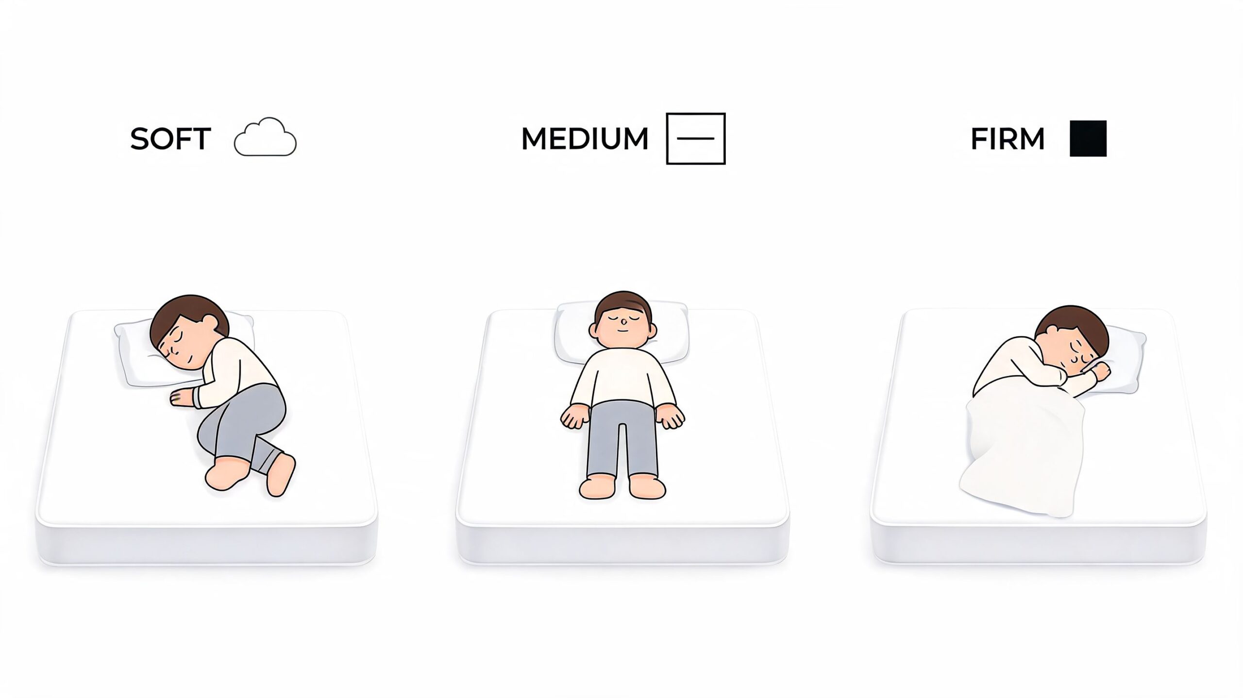 A graphic showing three levels of mattress firmness: soft, medium, and firm, with people sleeping on them.