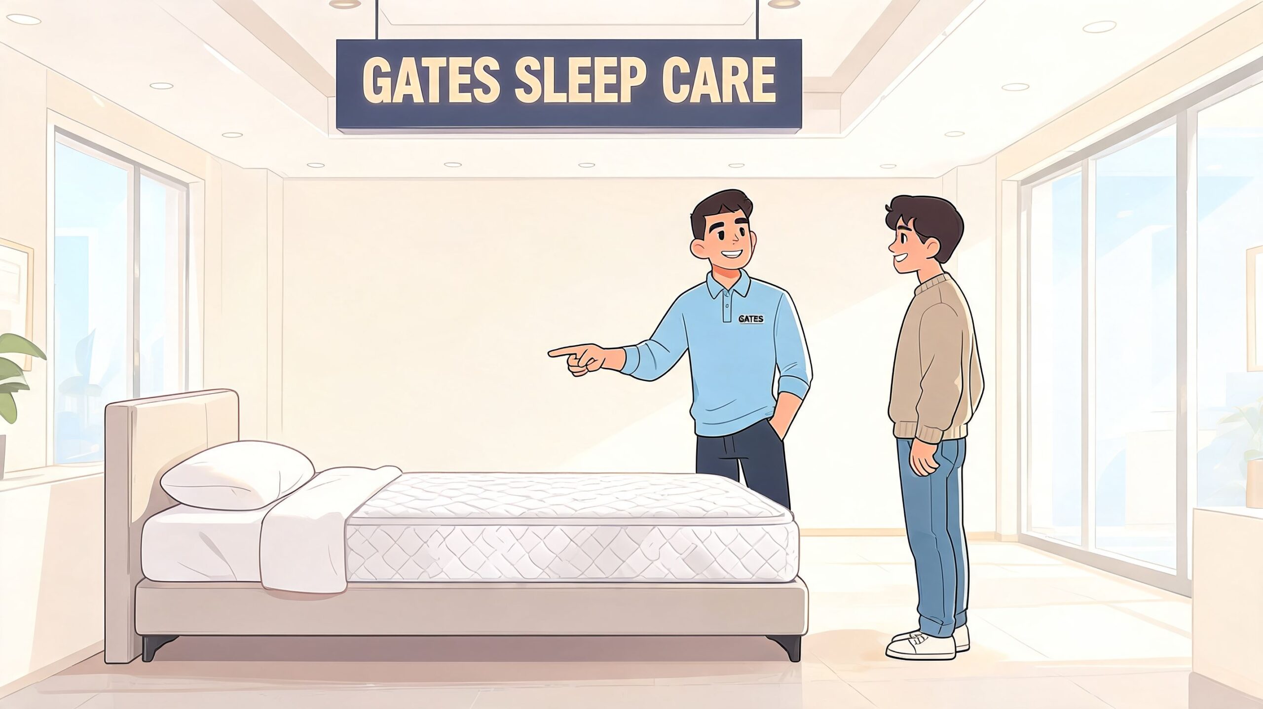 A friendly mattress store employee gestures towards a comfortable bed to a customer in a showroom.