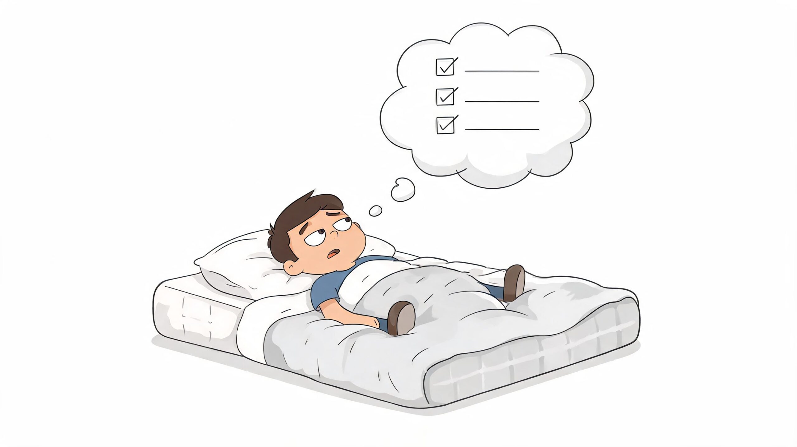 A cartoon man lying in bed awake, thinking about a checklist, representing sleep struggles and mattress discomfort.