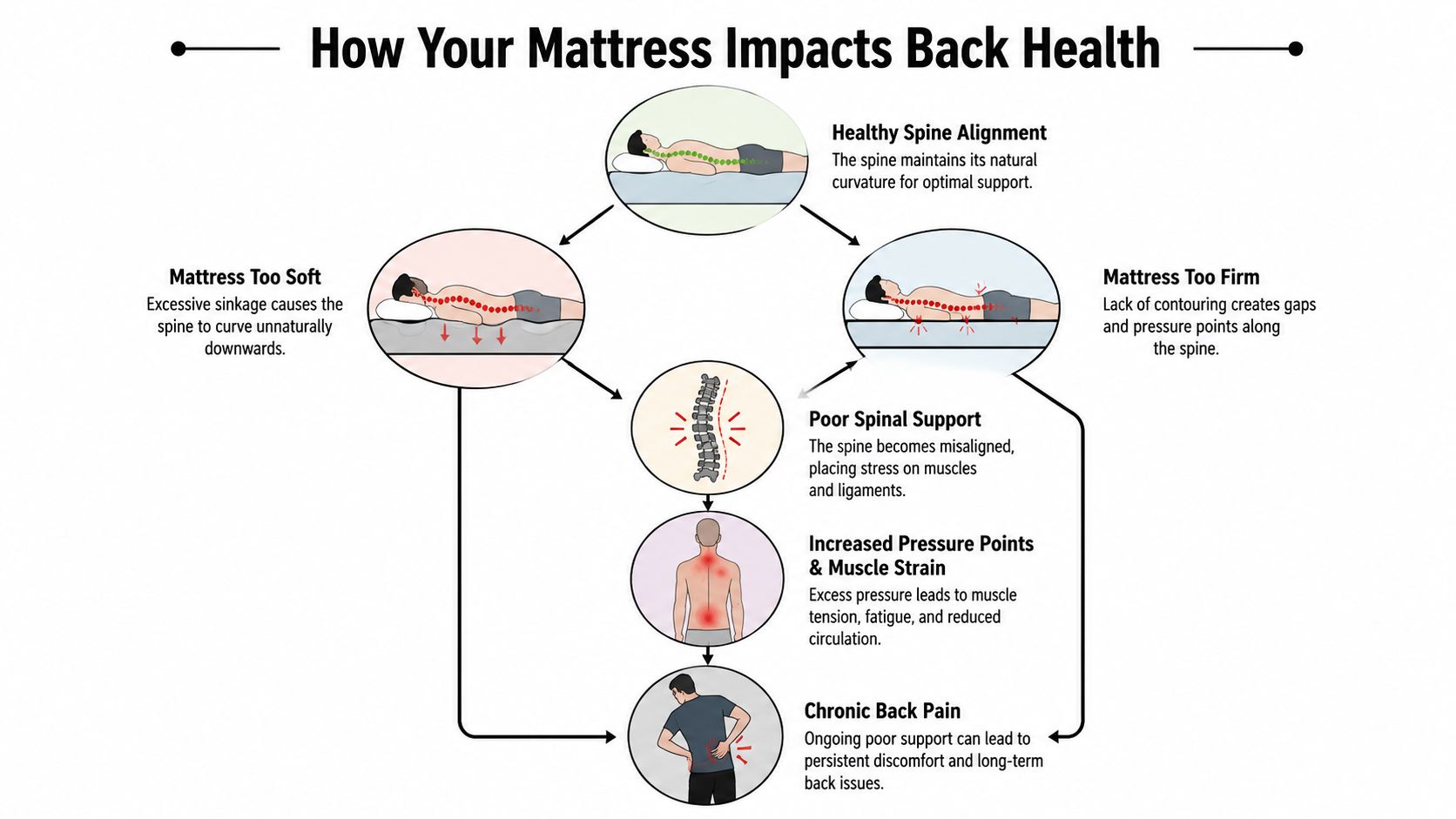 An infographic showing how soft or firm mattresses affect spinal alignment and cause chronic back pain.
