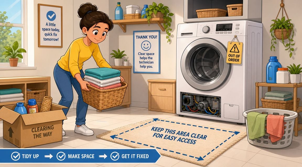 A woman tidying a laundry room to ensure clear access for a technician to repair an appliance.