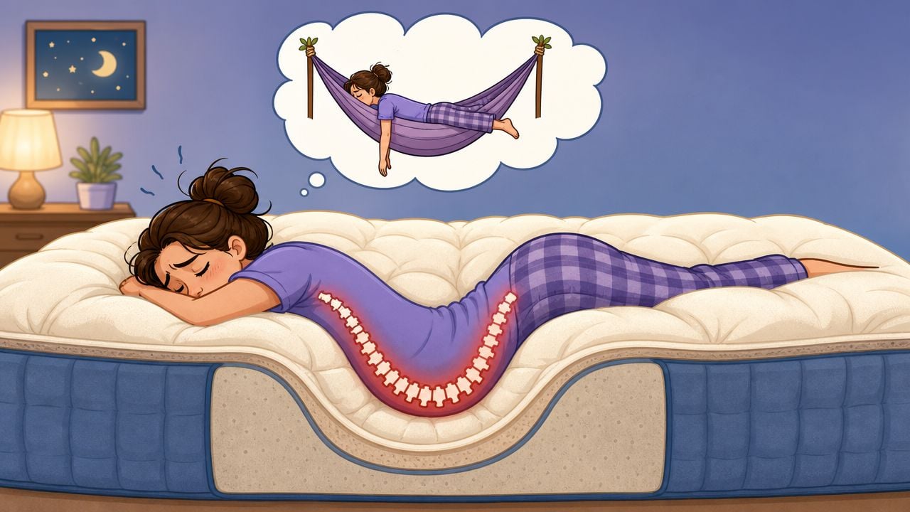 A woman lying on a soft, sagging mattress causing poor spine alignment and back pain.