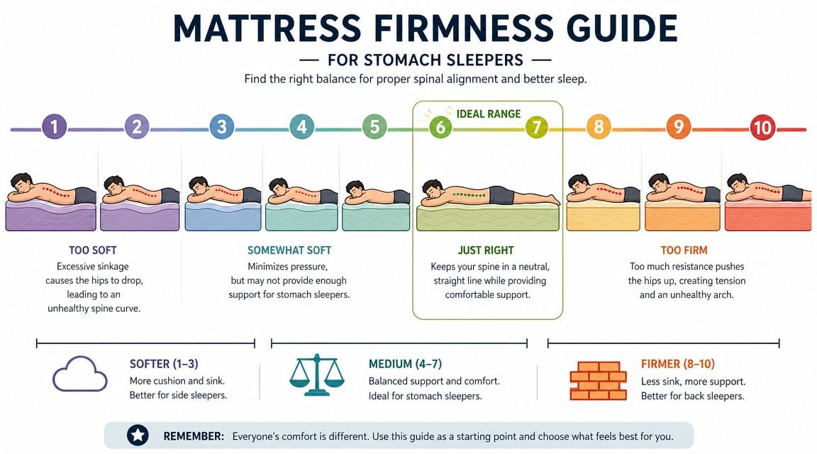 A mattress firmness guide for stomach sleepers displaying scales from one to ten indicating ideal comfort levels.