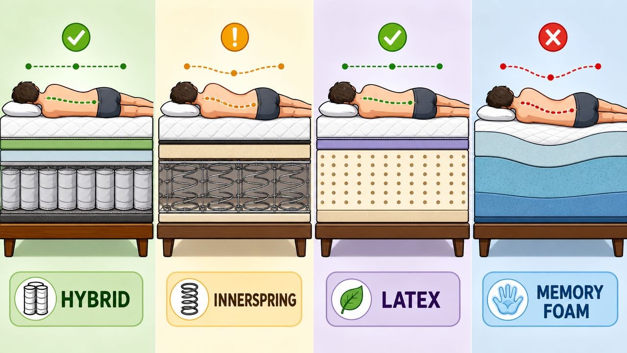 A diagram comparing hybrid, innerspring, latex, and memory foam mattresses, illustrating spinal alignment for a stomach sleeper.