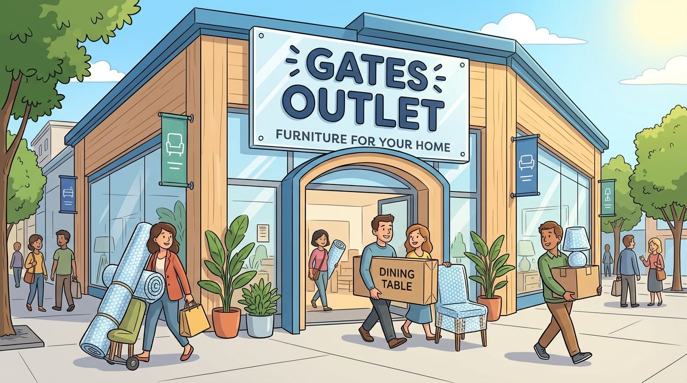 People carrying furniture and shopping bags outside the Gates Outlet furniture store on a sunny day.