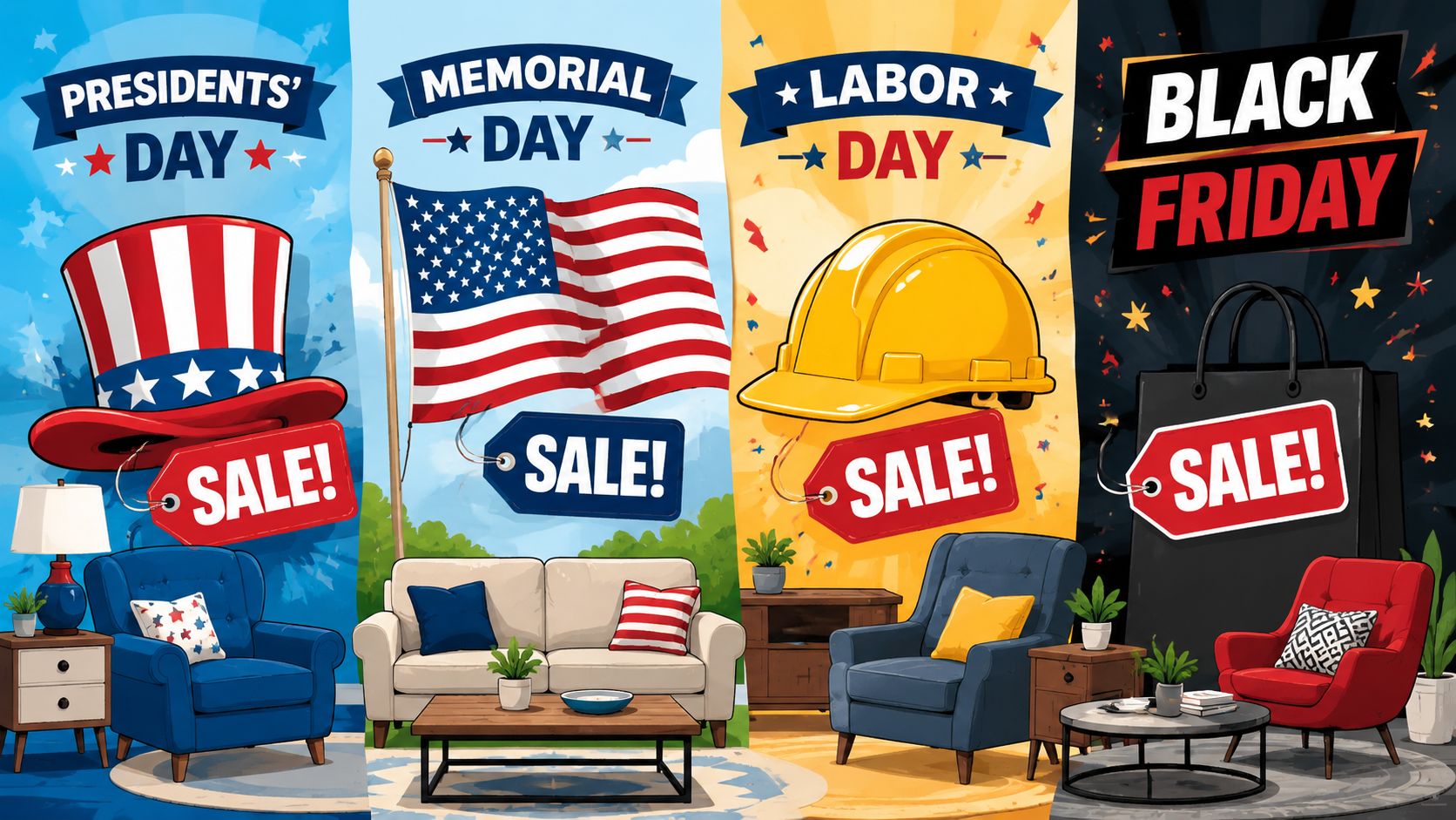 A marketing graphic showing furniture sales events for Presidents Day, Memorial Day, Labor Day, and Black Friday.