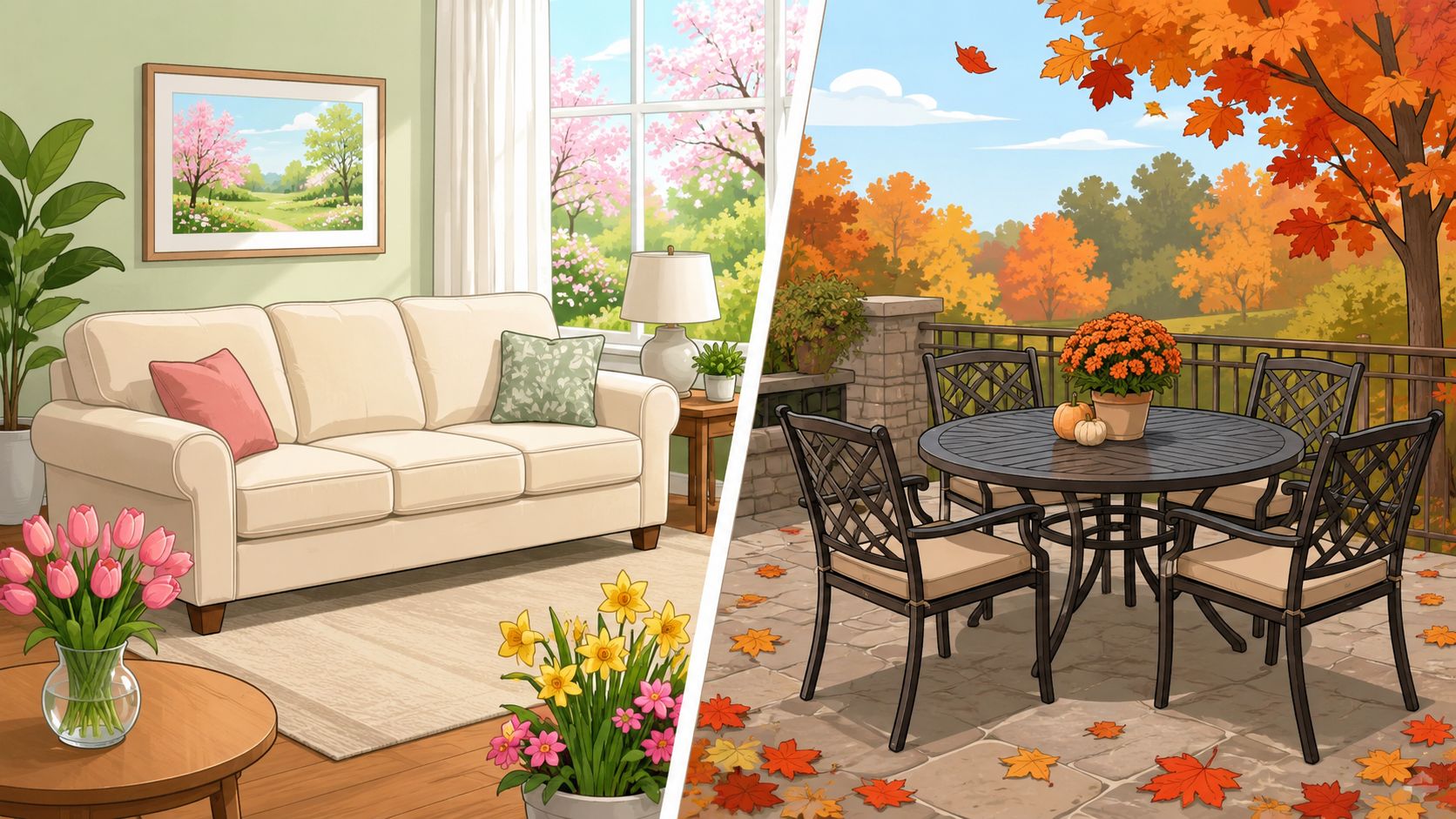 A side-by-side comparison of a spring-themed living room interior and an autumn-themed patio garden setting.