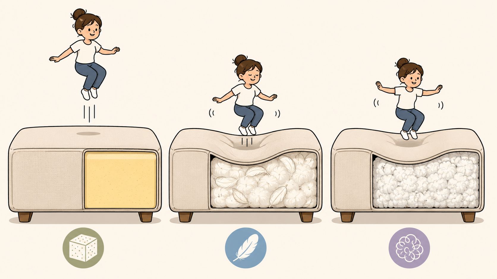 A girl jumping on three different types of cushioned sofas showing foam, feathers, and fiber fill options.