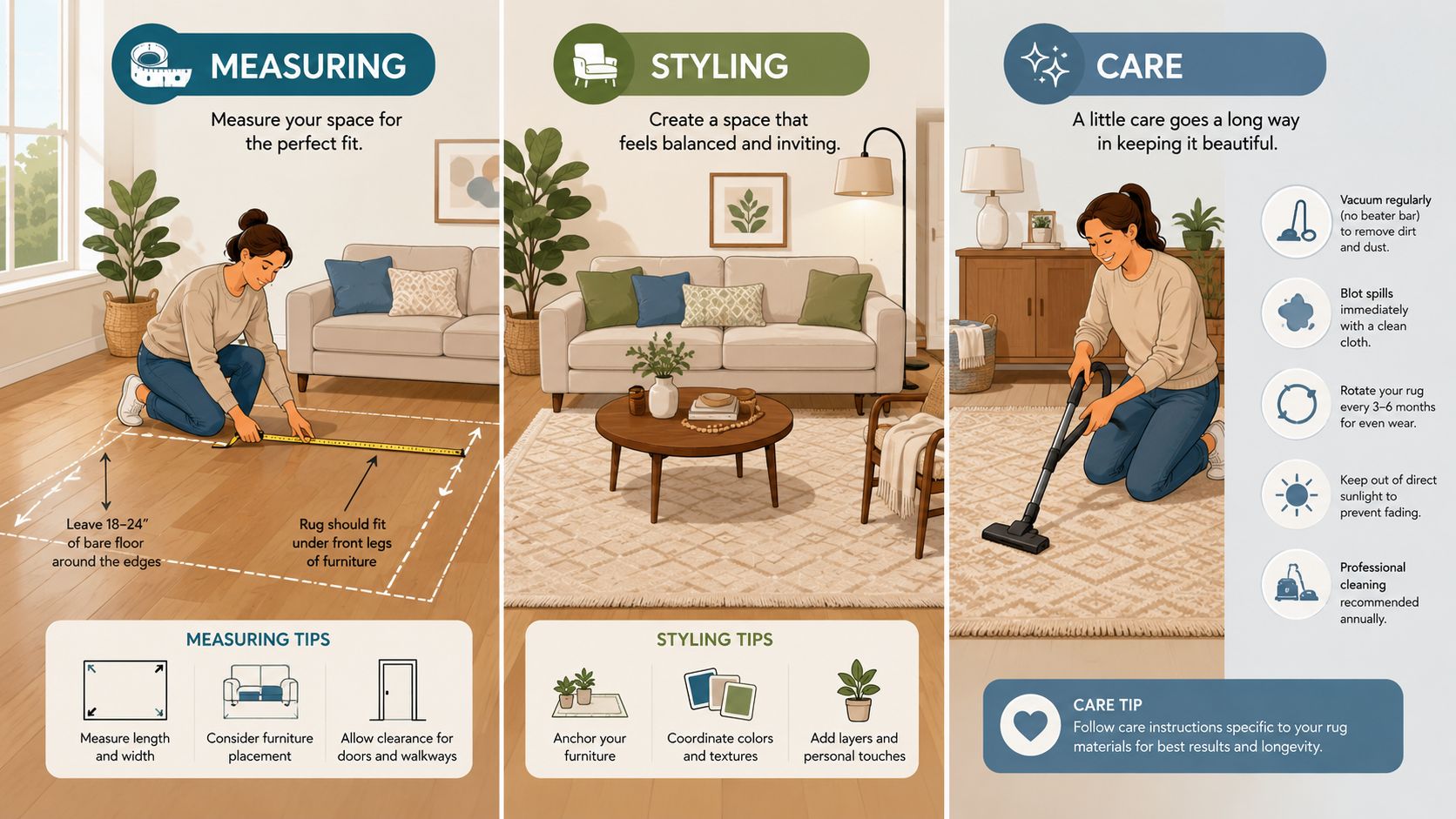 An infographic showing tips for measuring, styling, and caring for area rugs in a home setting.