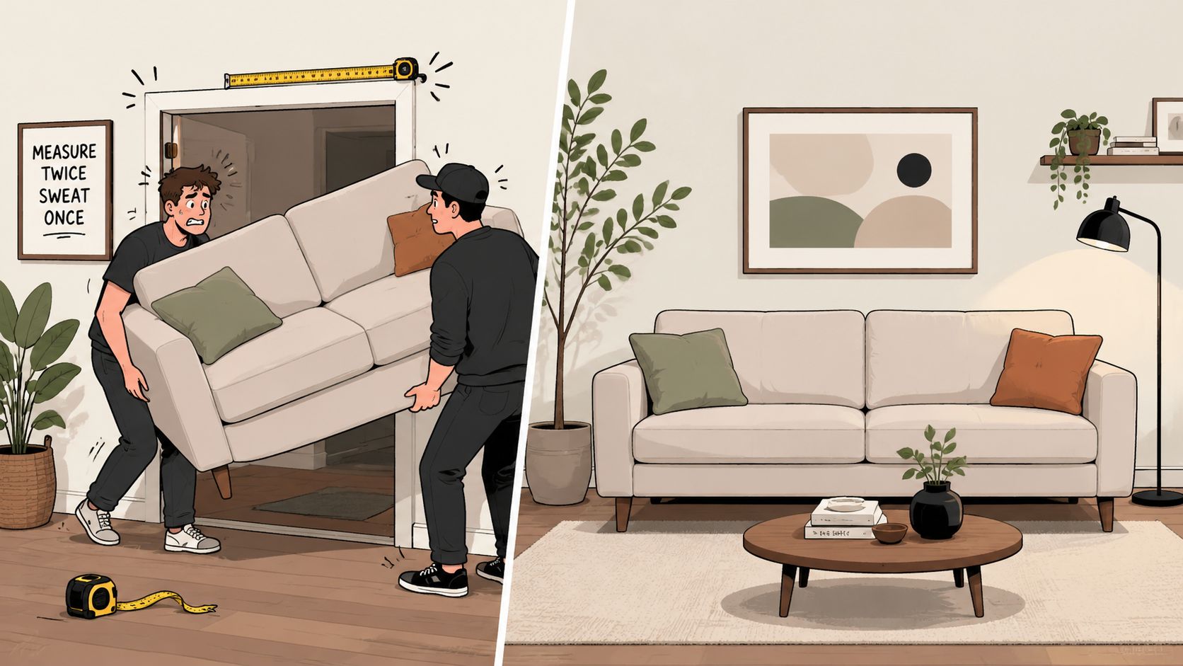A split image showing movers struggling to fit a beige couch through a doorway, then successfully placed.