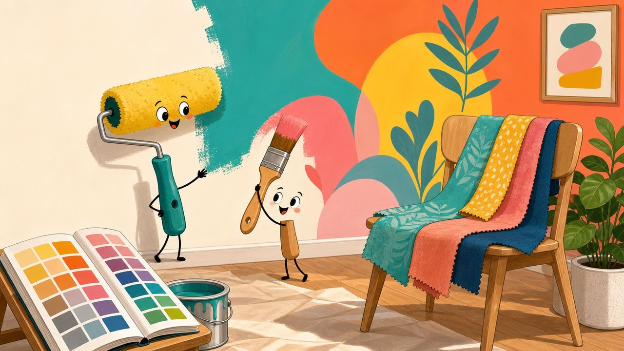 Anthropomorphic cartoon paint roller and brush characters decorating a colorful wall near a chair with fabric samples.