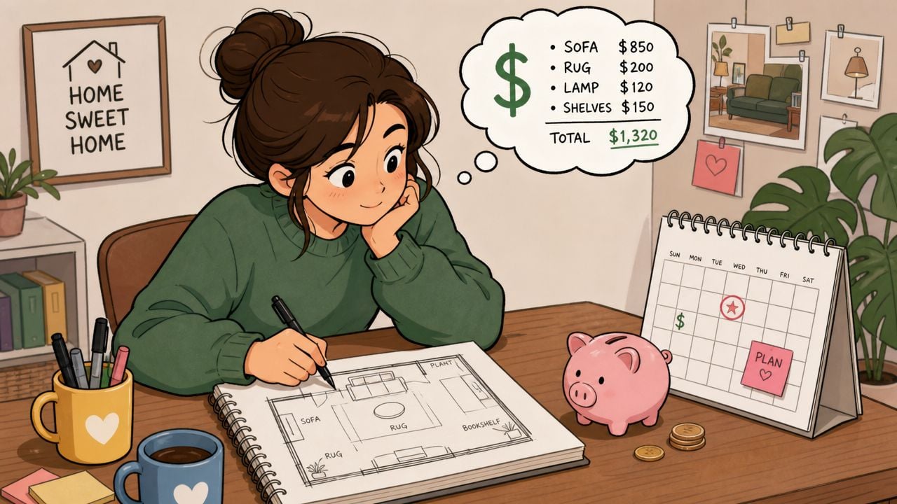 A young woman thoughtfully planning a home decor project while budgeting for furniture and interior design expenses.