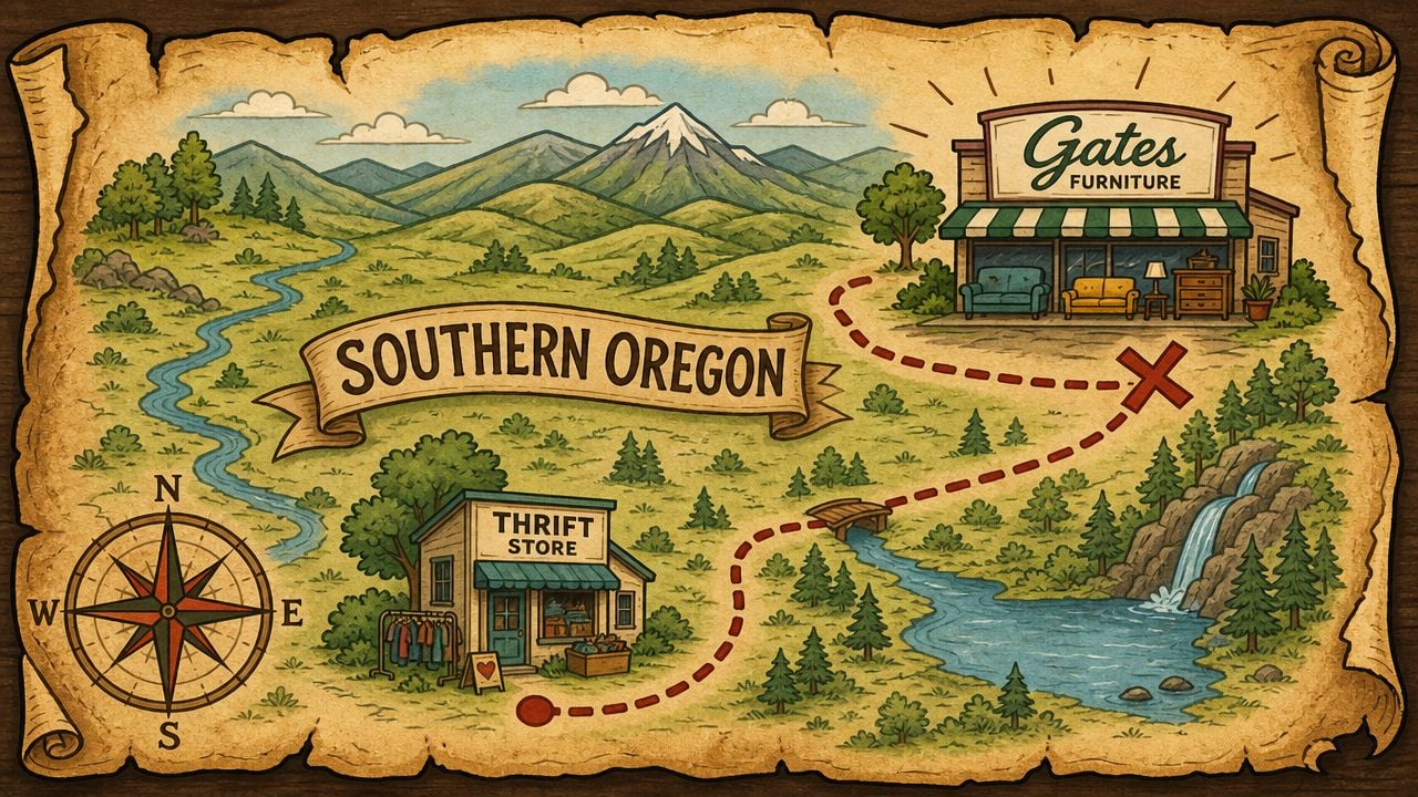 A whimsical, hand-drawn map of Southern Oregon depicting a path connecting a thrift store and furniture shop.