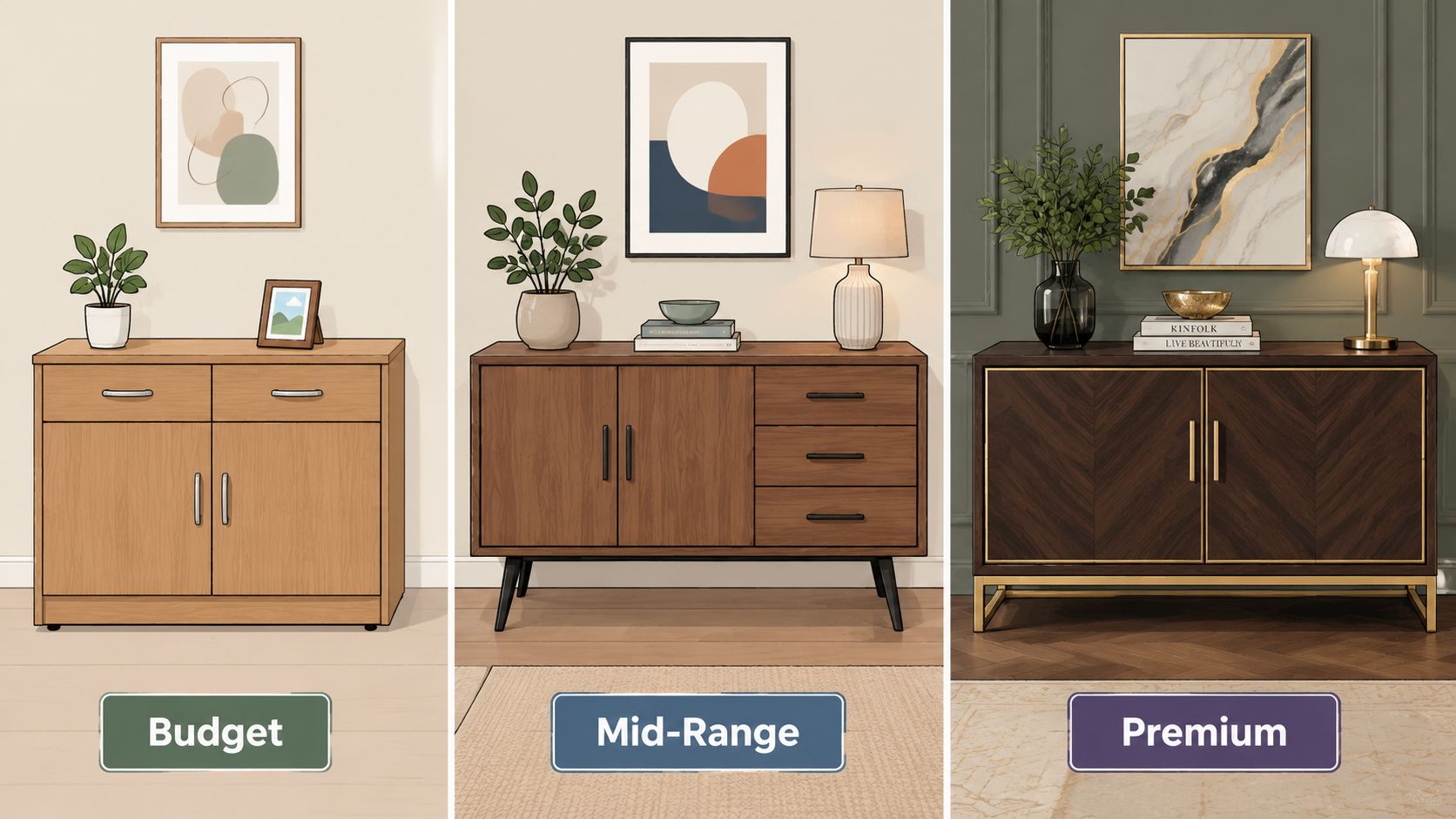 A comparison of three dining room sideboards categorized by budget, mid-range, and premium design styles.